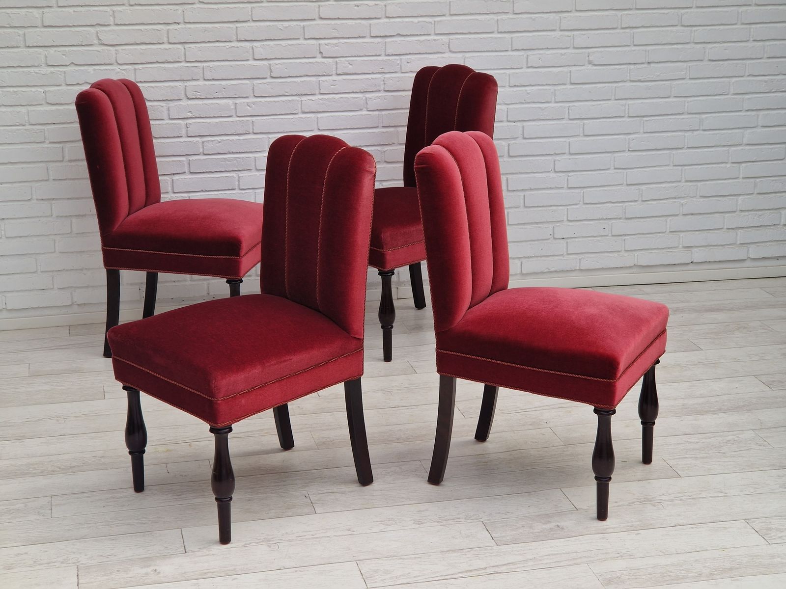 1950s, Danish Design, Set Of 4 Dinning Chairs, Oak Wood, Cherry Red Velour. photo 800.0