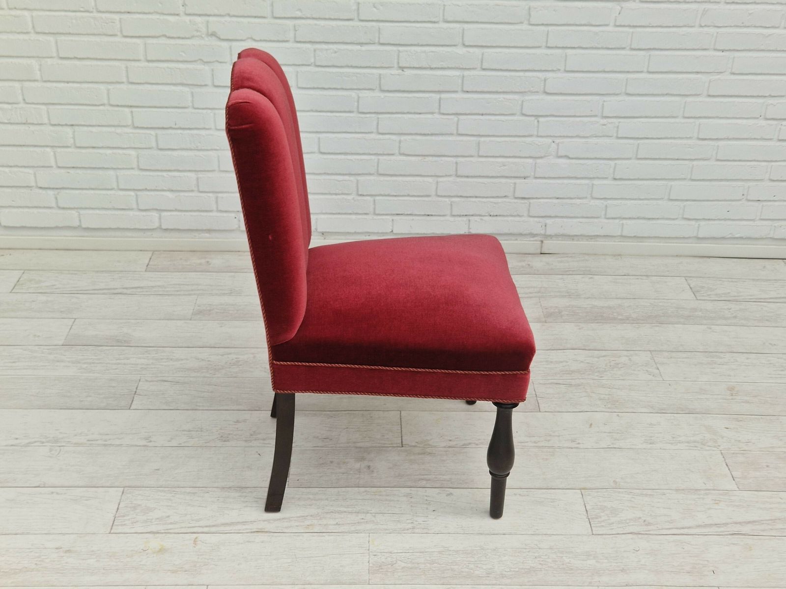 800.0 1950s, Danish Design, Set Of 4 Dinning Chairs, Oak Wood, Cherry Red Velour. photo