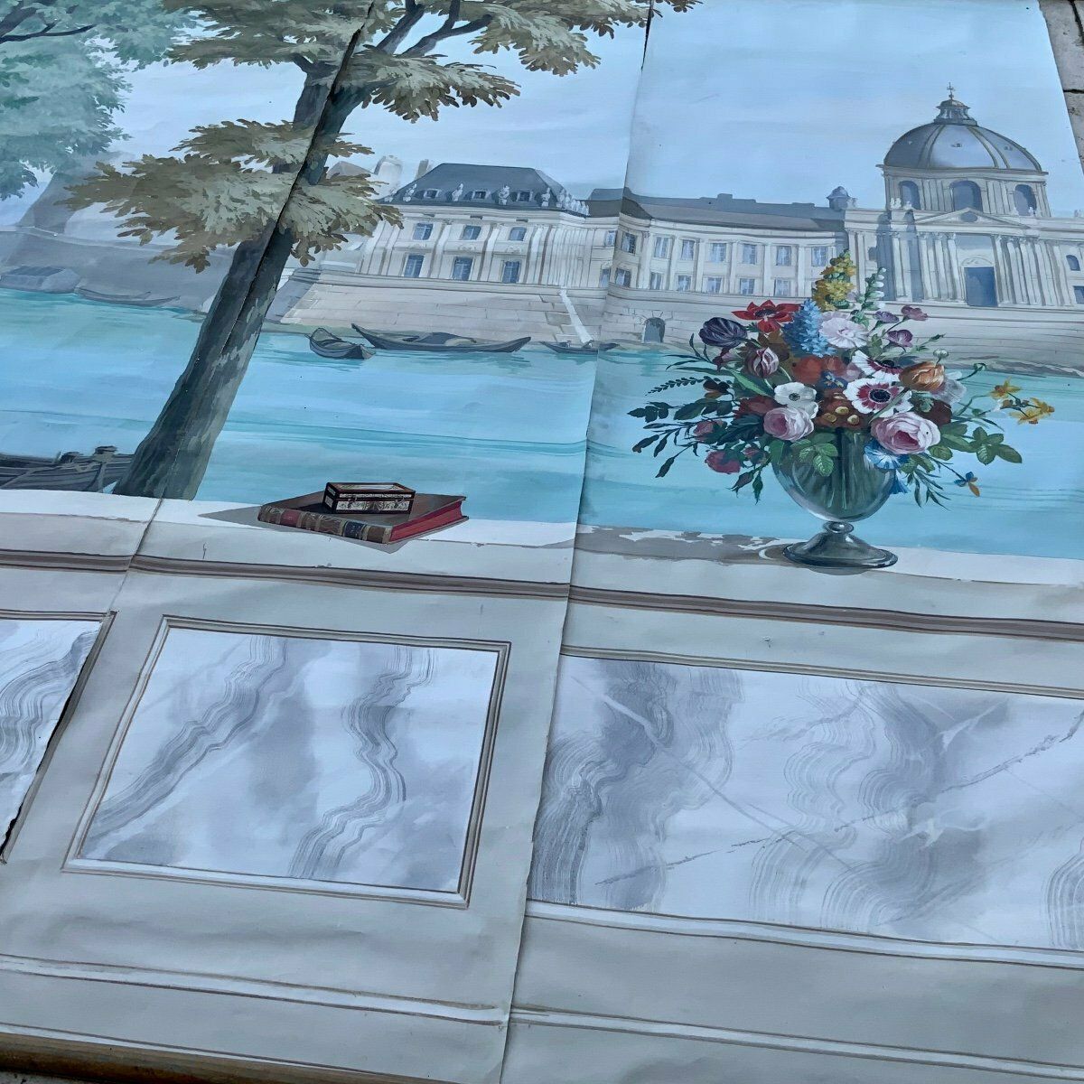 photo for sale Large Panoramic Painted Canvas Xviiith Century Style. Century, The Monuments Of Paris
