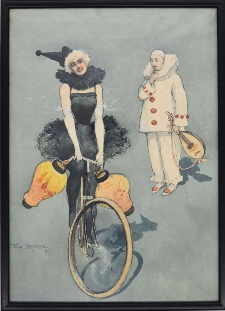 Tom Browne Ri (1870 1910), Dancer Riding A Bike And A Confused Pierrot photo vintage