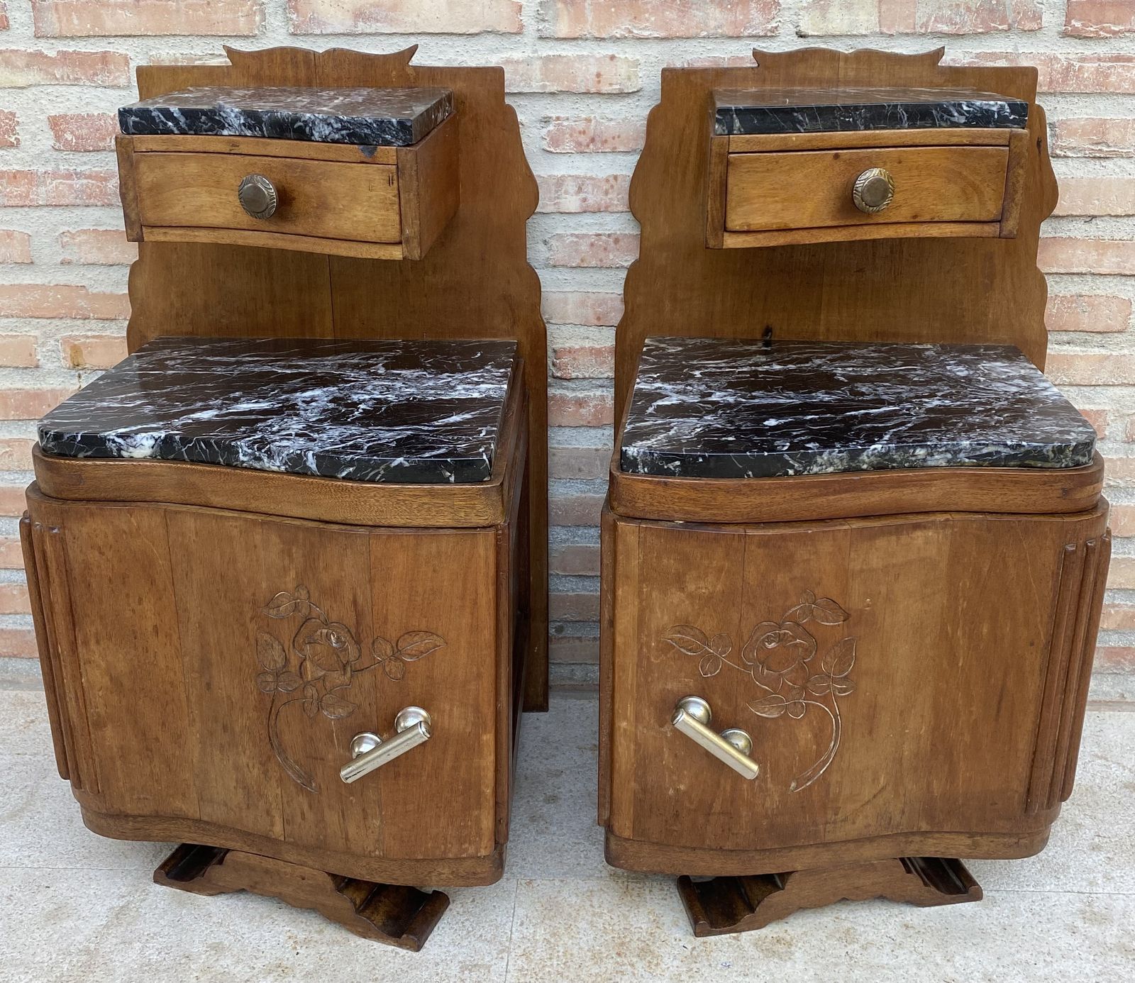 Art Nouveau Style Carved Nightstands Or Bedside Tables With Marble Top, Circa 1930 photo furniture