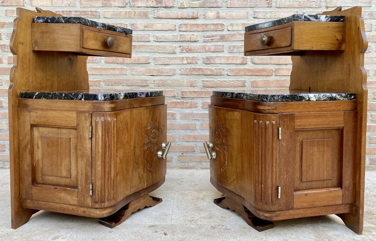 photo furniture Art Nouveau Style Carved Nightstands Or Bedside Tables With Marble Top, Circa 1930