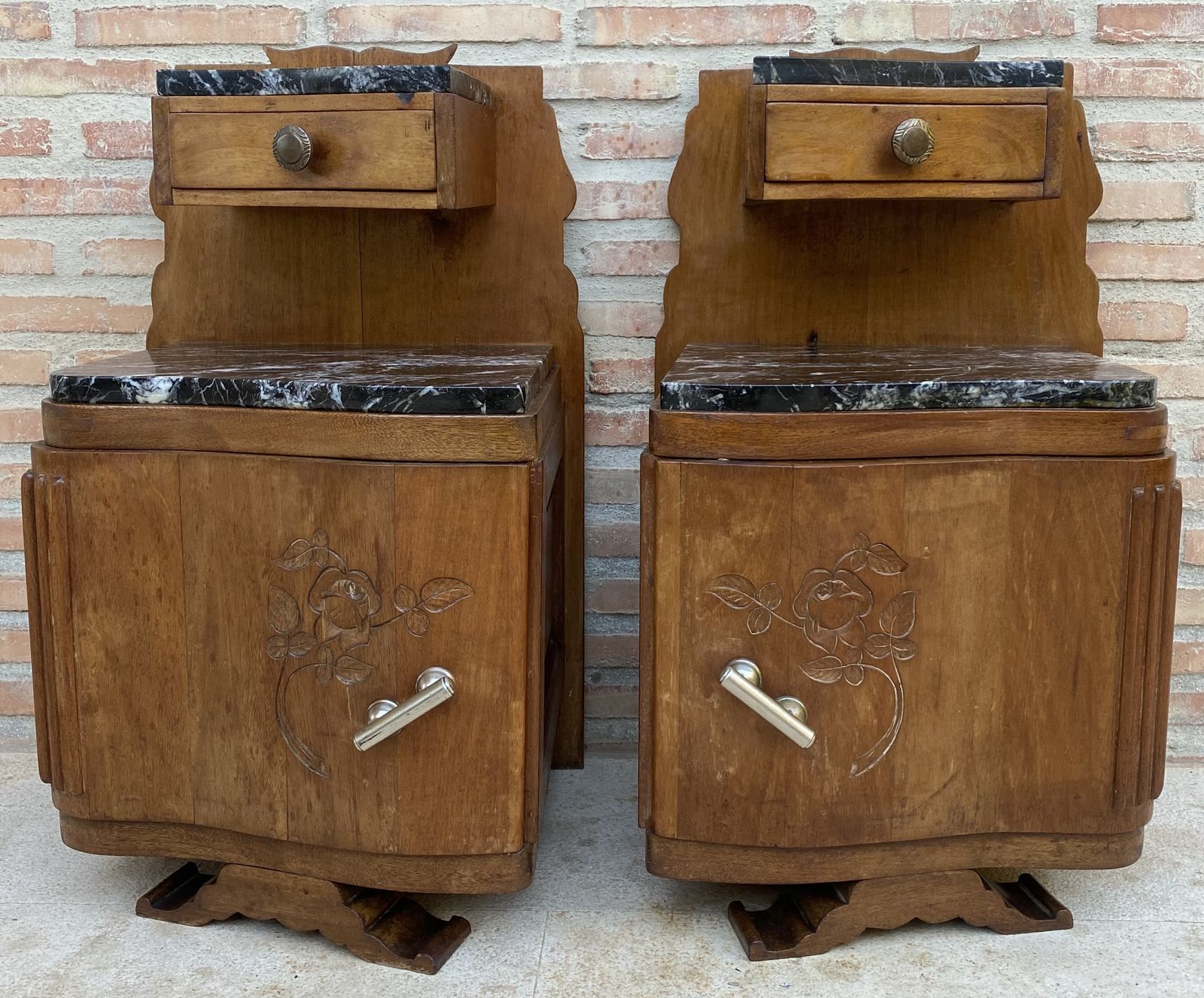 Furniture Art Nouveau Style Carved Nightstands Or Bedside Tables With Marble Top, Circa 1930 photo