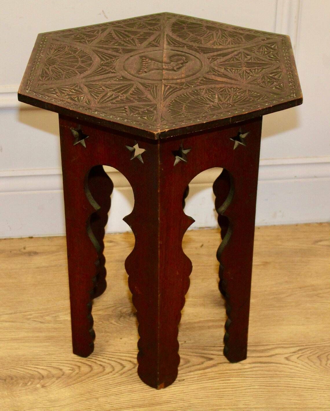 Arts And Crafts Oak Antique Moorish Side Table Vintage Wooden Victorian Hall Desk Industrial Occasional Coffee Book