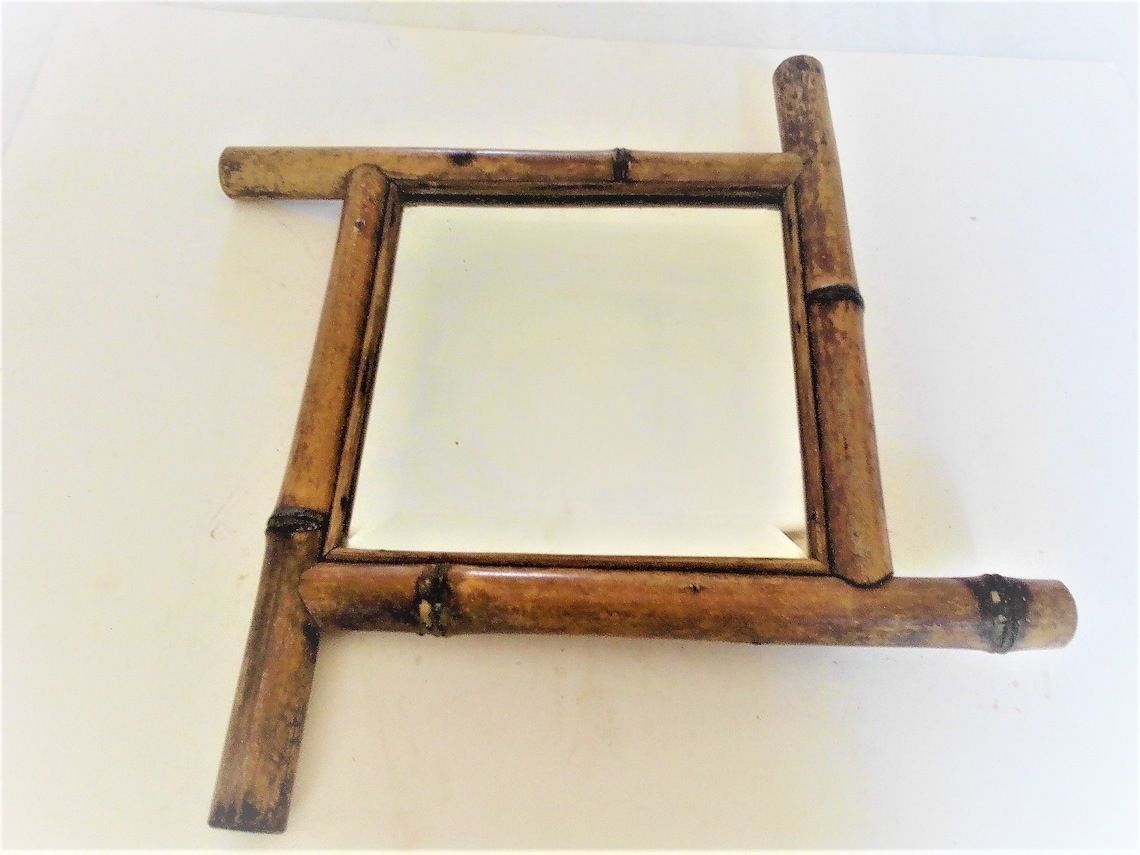 Antique French Real Bamboo Framed Mirror  Diagonal 1900s Antique Mirror Rustic Wood Mirror photo vintage