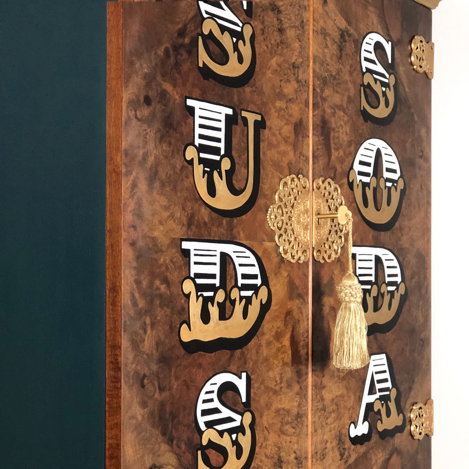 Vintage Drinks Cabinet, Walnut Cocktail Bar, Gin Bar, Queen Anne Maximalist Rock N Roll, Teal Blue Gold Hand Lettered photo for sale