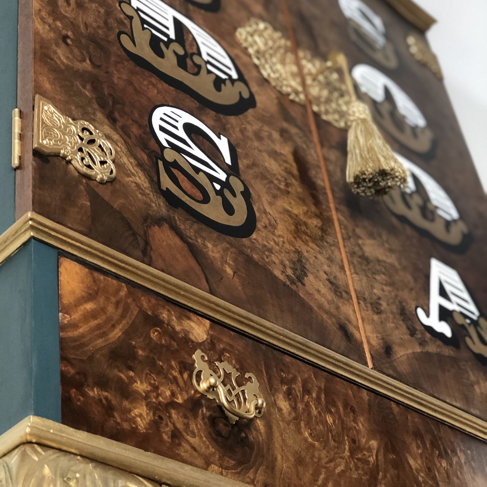 photo for sale Vintage Drinks Cabinet, Walnut Cocktail Bar, Gin Bar, Queen Anne Maximalist Rock N Roll, Teal Blue Gold Hand Lettered