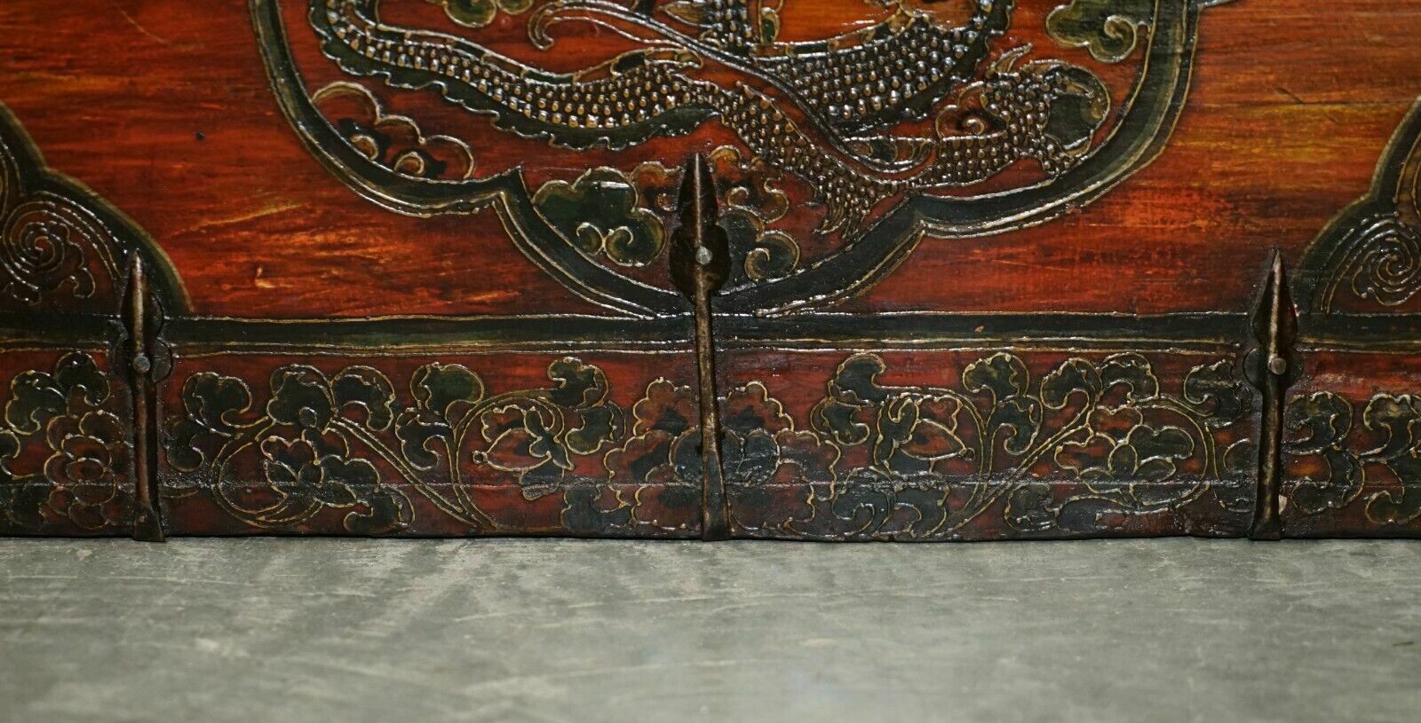 photo for sale Antique Chinese Dragon Tibetan Polychrome Painted Trunk Linen Chest Coffer