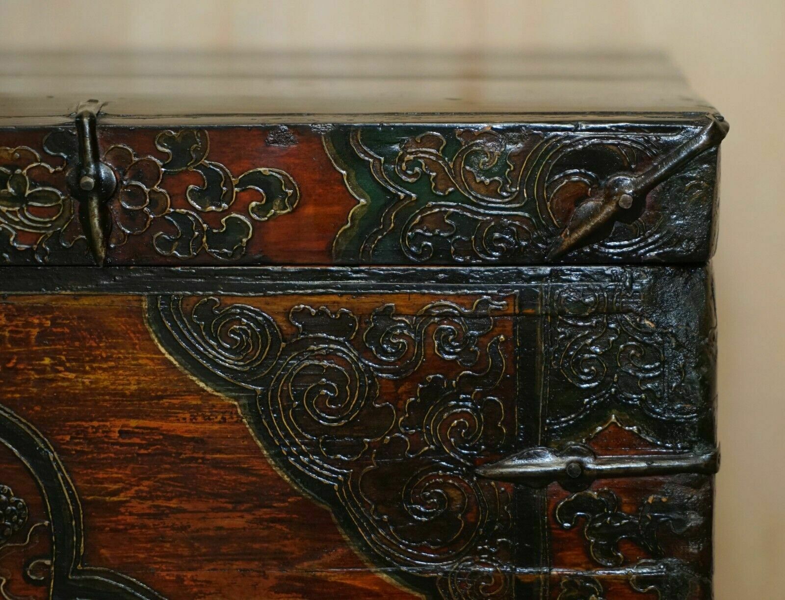 Furniture Antique Chinese Dragon Tibetan Polychrome Painted Trunk Linen Chest Coffer photo