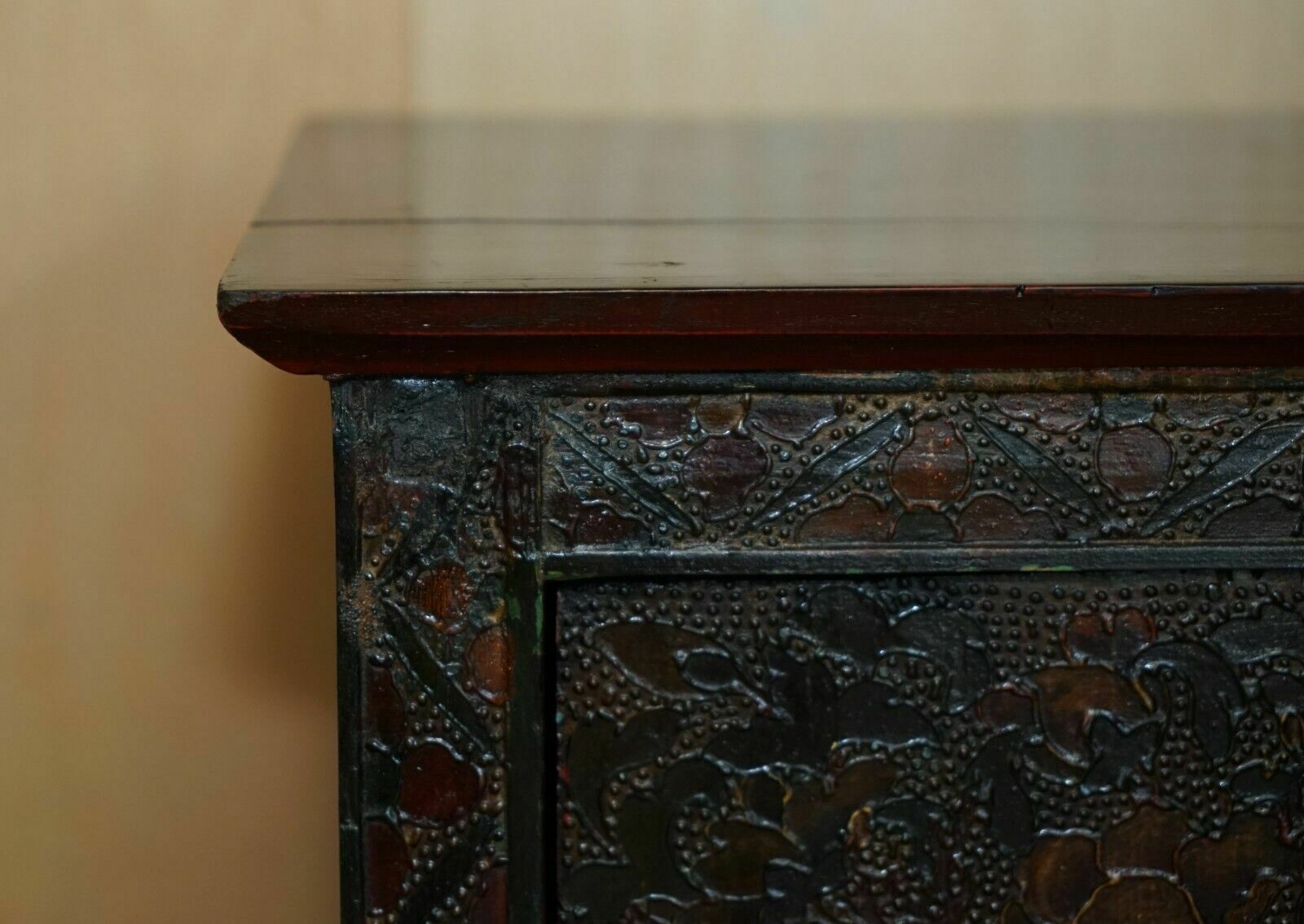 Antique Chinese Deer & Flower Tibetan Polychrome Painted Altar Cabinet Sideboard photo Furniture
