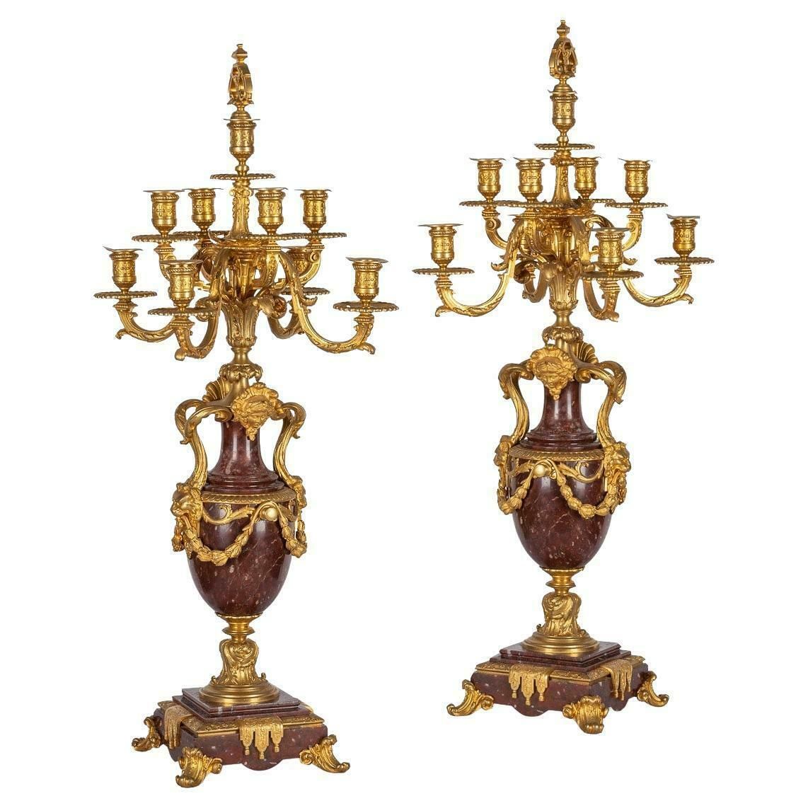 19th Century French Ormolu Mounted Rouge Griotte Nine Light Candelabra, C.1870