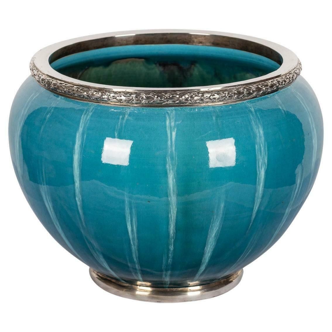 20th Century French Silver Mounted Flambe' Glazed Cachepot, Paris, C.1900