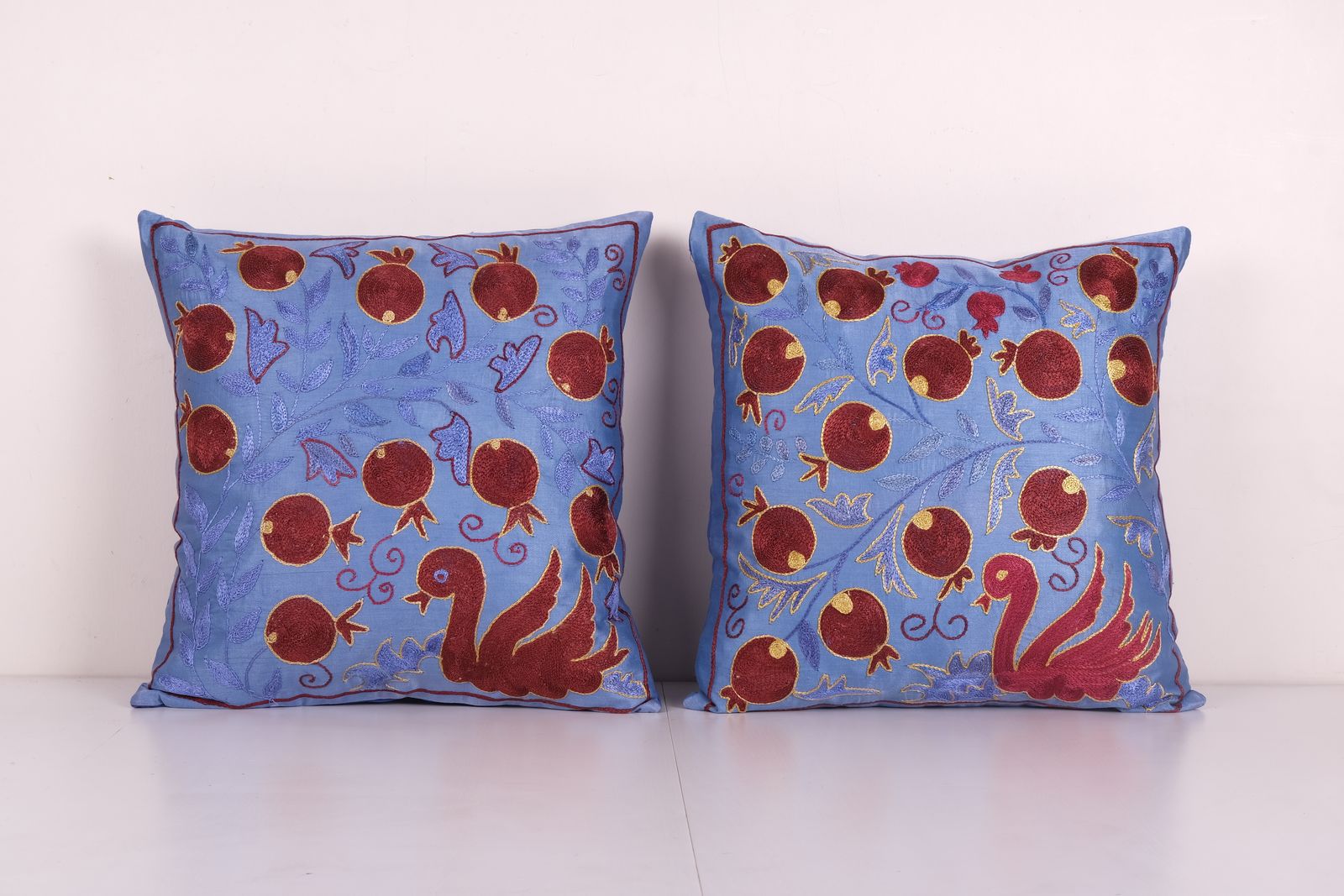 Traditional Navy Blue Silk Suzani From Uzbekistan, Set Of Two Duck Hand Embroidered Cushion Cover 19'' X 19''