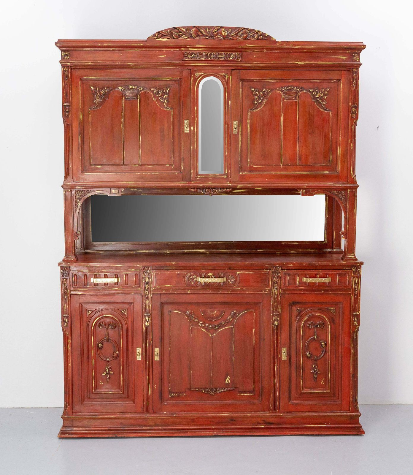 French Walnut Cabinet Deux Corps Buffet Red And Gold Patinated, Circa 1920 photo furniture