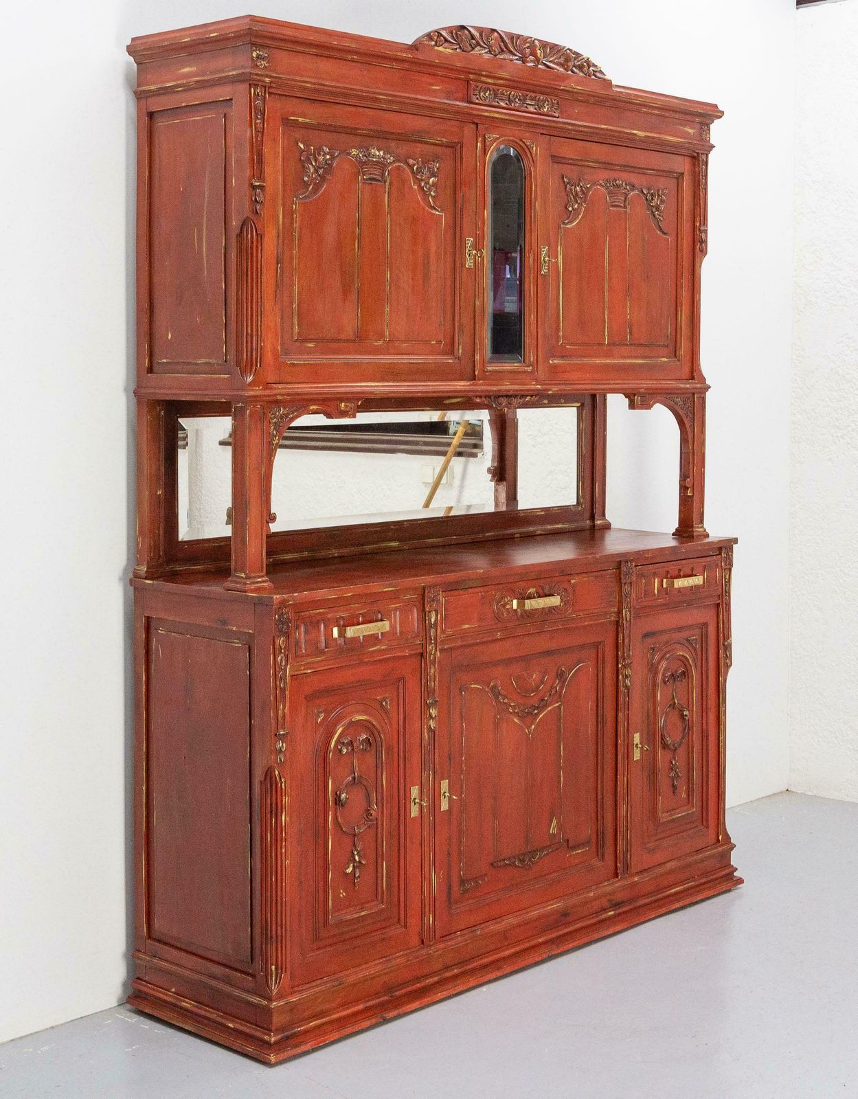 French Walnut Cabinet Deux Corps Buffet Red And Gold Patinated, Circa 1920 photo for sale