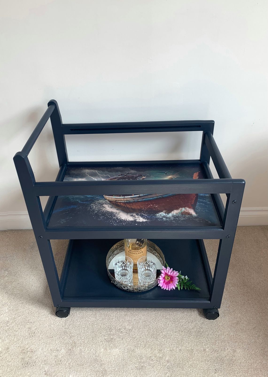 Navy Blue 'Boat In A Storm' Drinks Trolley By One Of A Kind Designs