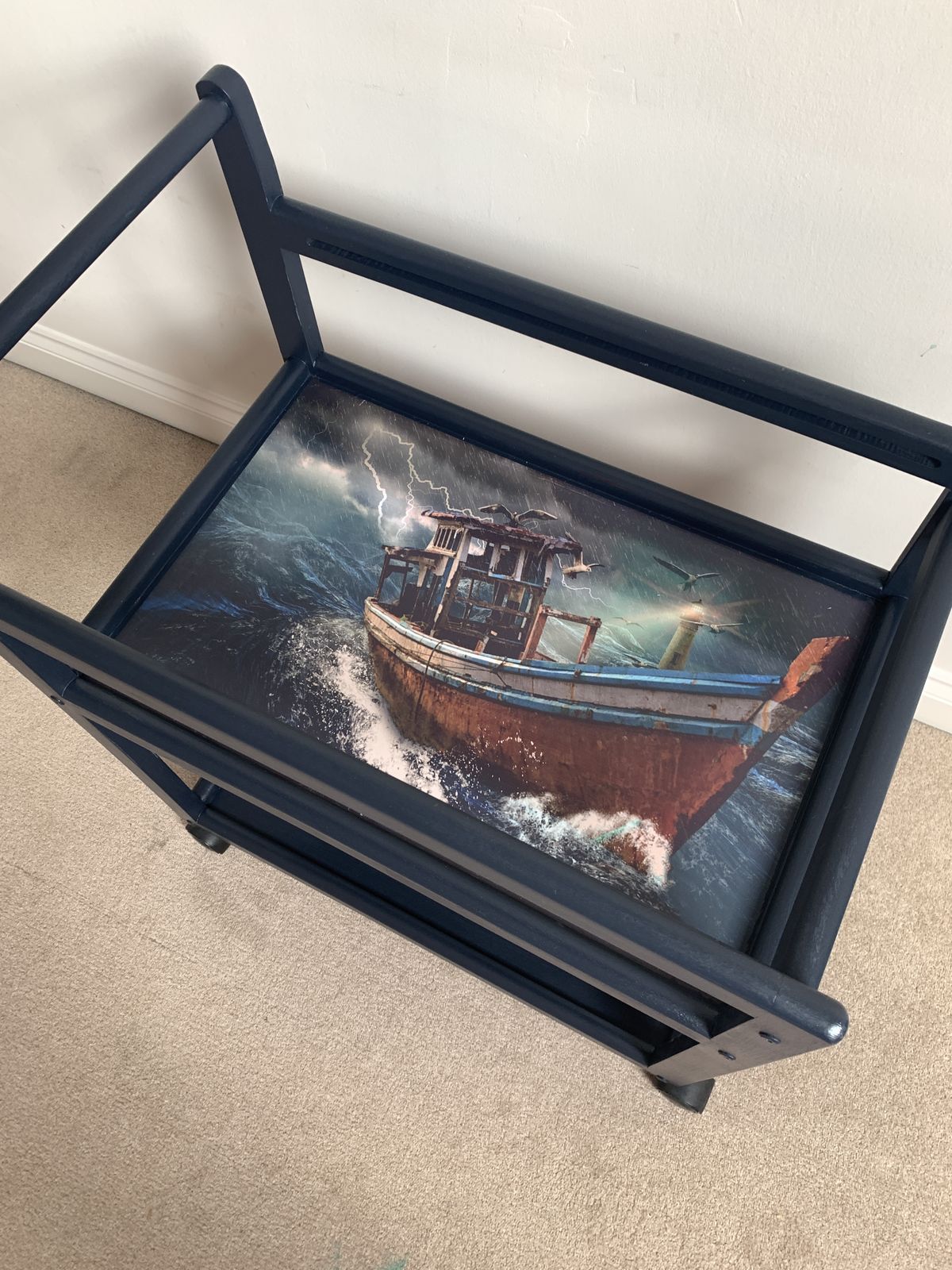 Navy Blue 'Boat In A Storm' Drinks Trolley By One Of A Kind Designs photo vinterior