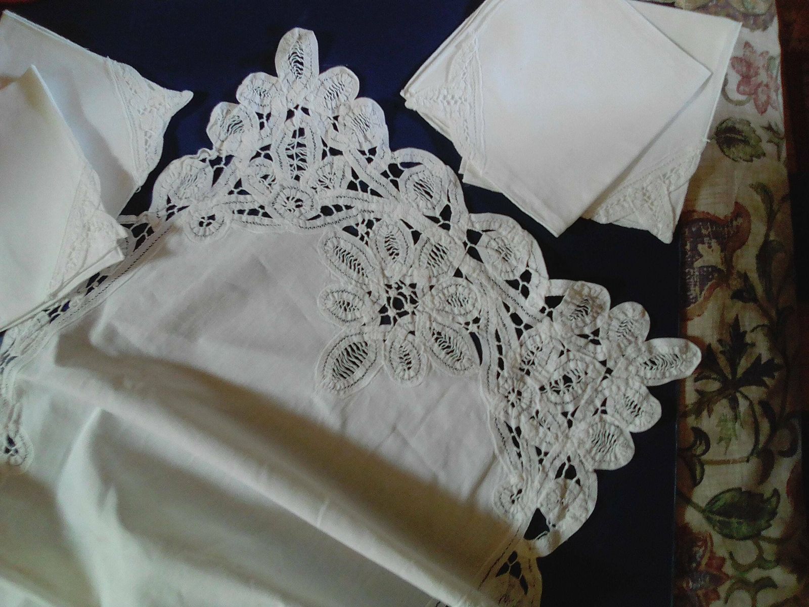 Vintage French Cotton Richelieu Lace Table Runner And 4 Napkins, Table Doily Lace Edging And Serviettes photo buy