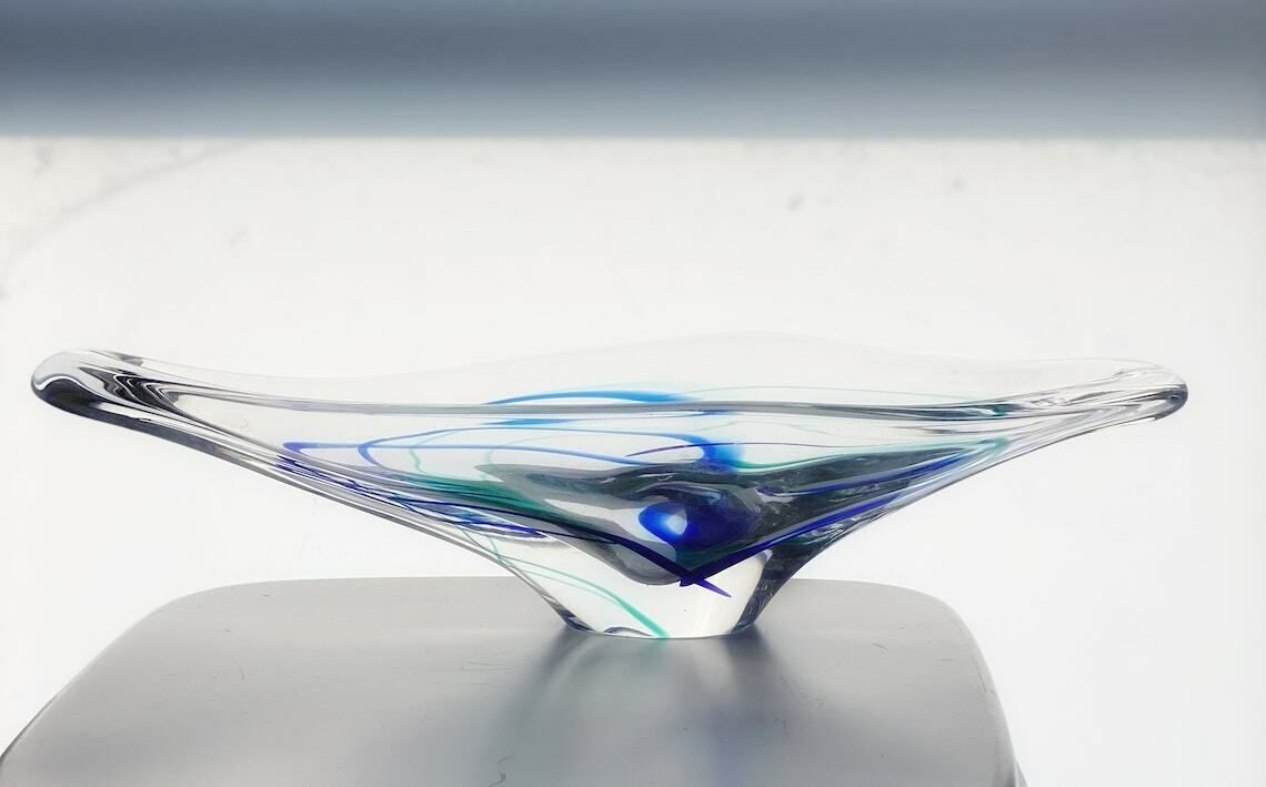 Vintage Glass Bowl By Max Verboeket For Maastricht Kristalunie, 1960s Blue Green, And Clear Glass