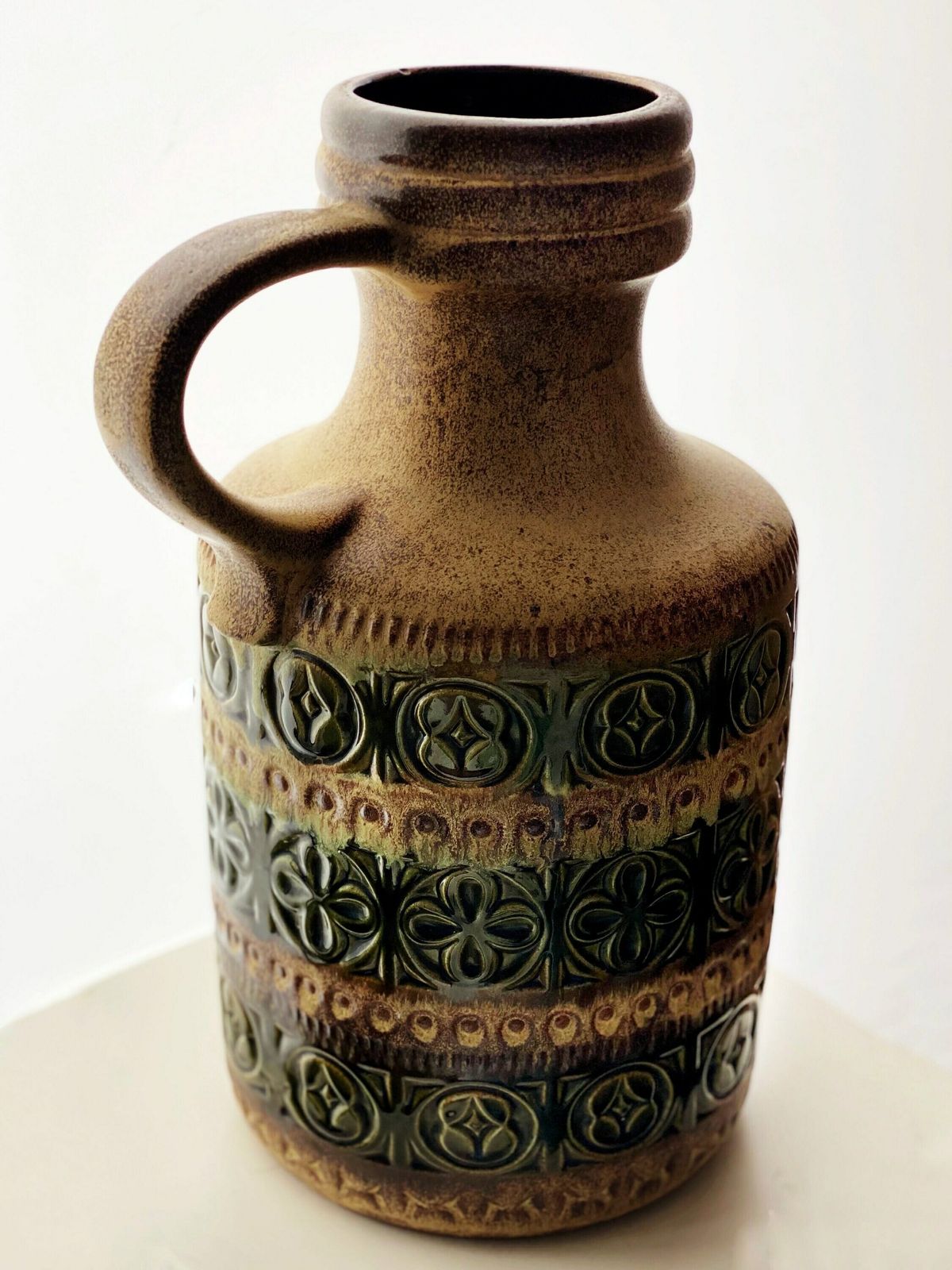 Large Scheurich West Germany Handled Ceramic Floor Vase Midcentury, 489 39, Foligno Tribal Pattern photo for sale