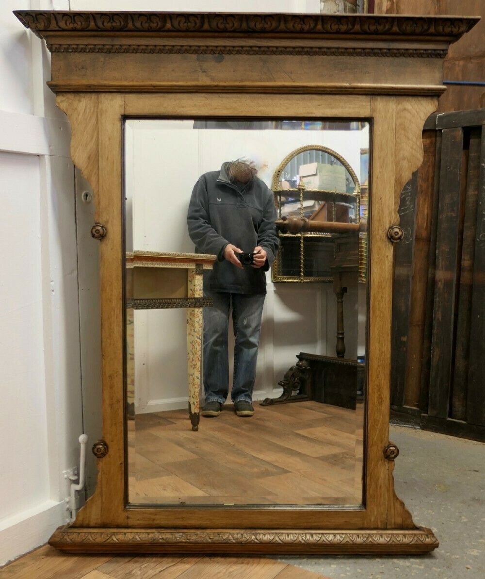 A Large Arts And Crafts 19th Century Light Oak Over Mantle Mirror photo vintage