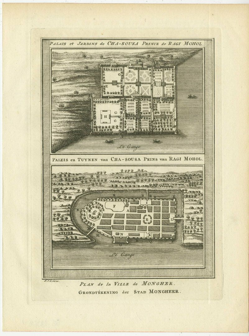 Antique Print Of The Palace And Gardens Of Shah Shuja & Plan Of Munger, India