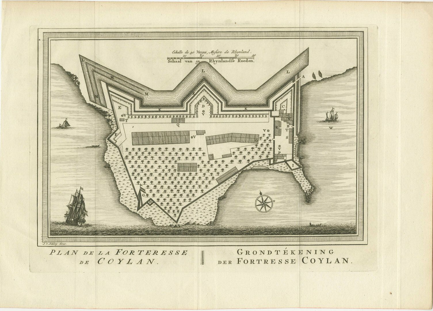 Antique Print Of The Fort Of Kollam, Kerala, India
