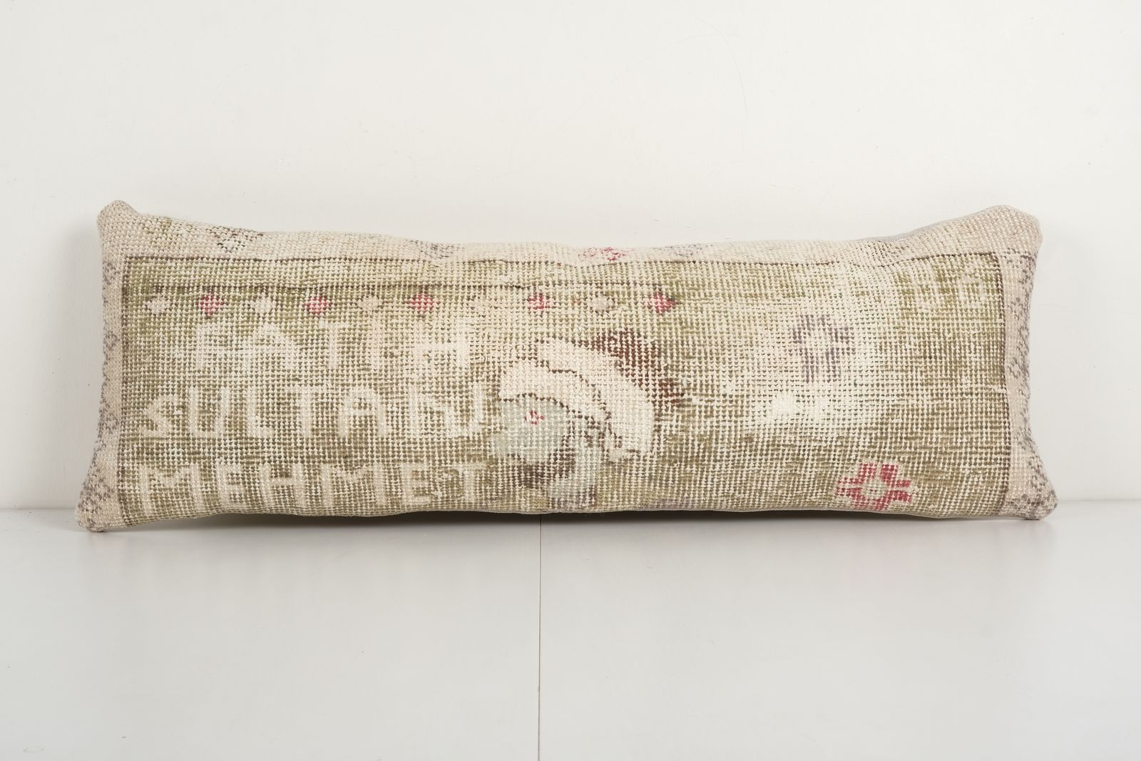 Muted Brown Turkish Oushak Pillow, Olivia Green Kurdish Boho Woven Carpet 11'' X 32''