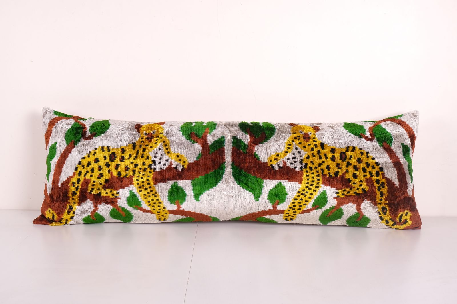 Tiger Design Yellow Extra Long Ikat Velvet Pillow, Animal Printed Lumbar Pillows, Branch Design Bedding Cushion 14'' X 45''
