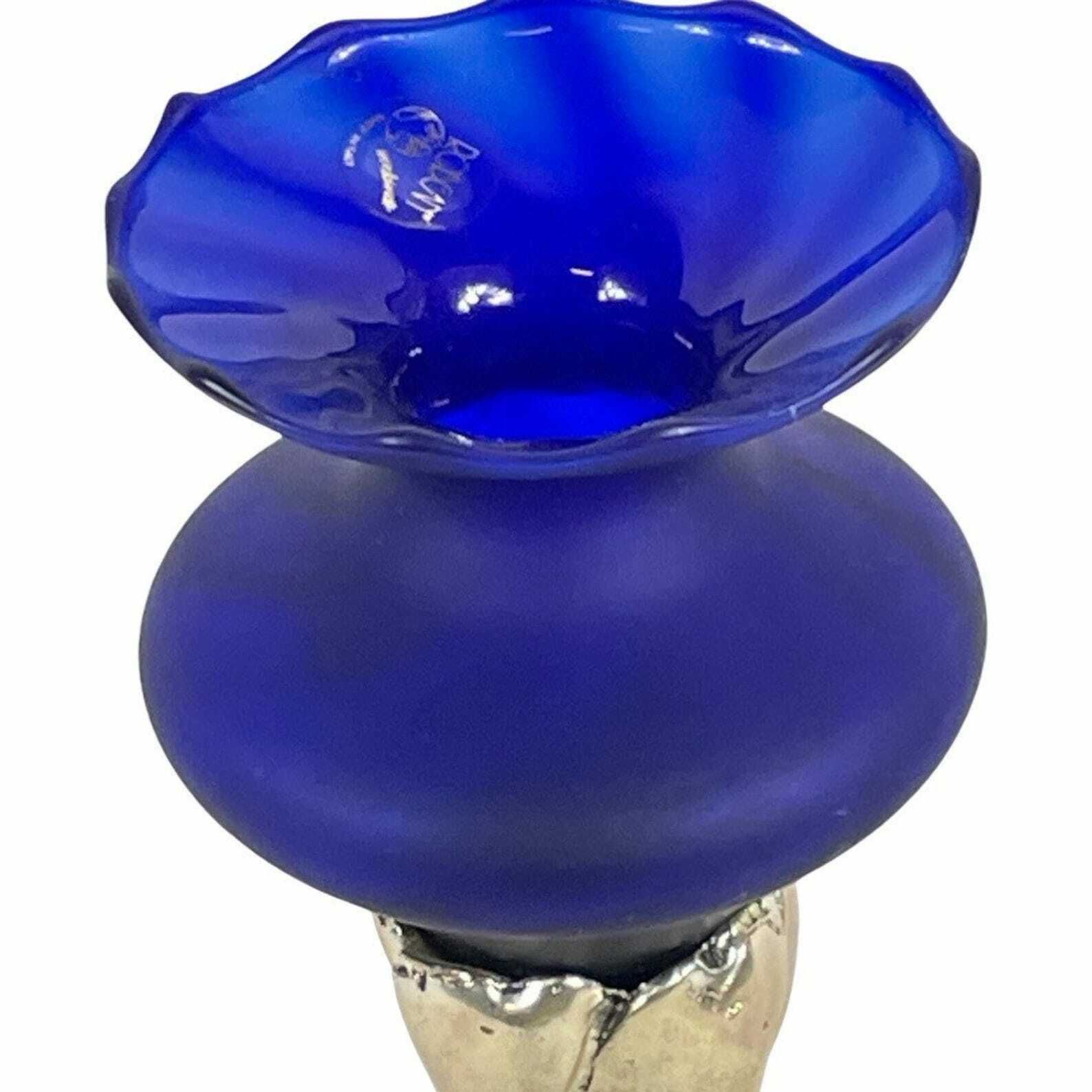 Rodean   Italy   Cobalt Blue Colored Glass Bowl On Silver Base With A Floral Scene   Original Stamp On The Glass   Candle Holder photo Home Decor
