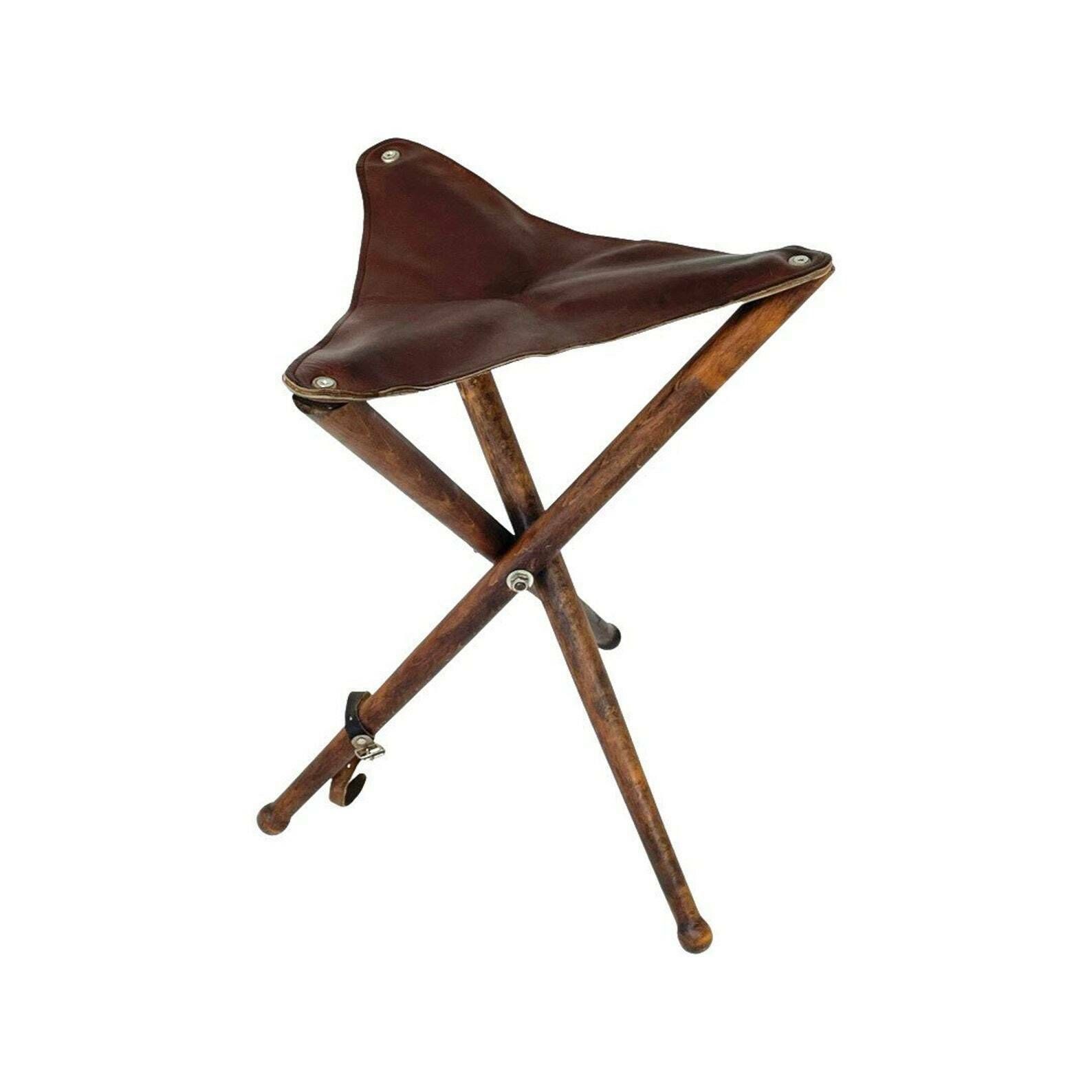 Hunting Chair   Foldable Tripod Stool   Wood And Leather Upholstery   Military Campaign Style   Light Brown