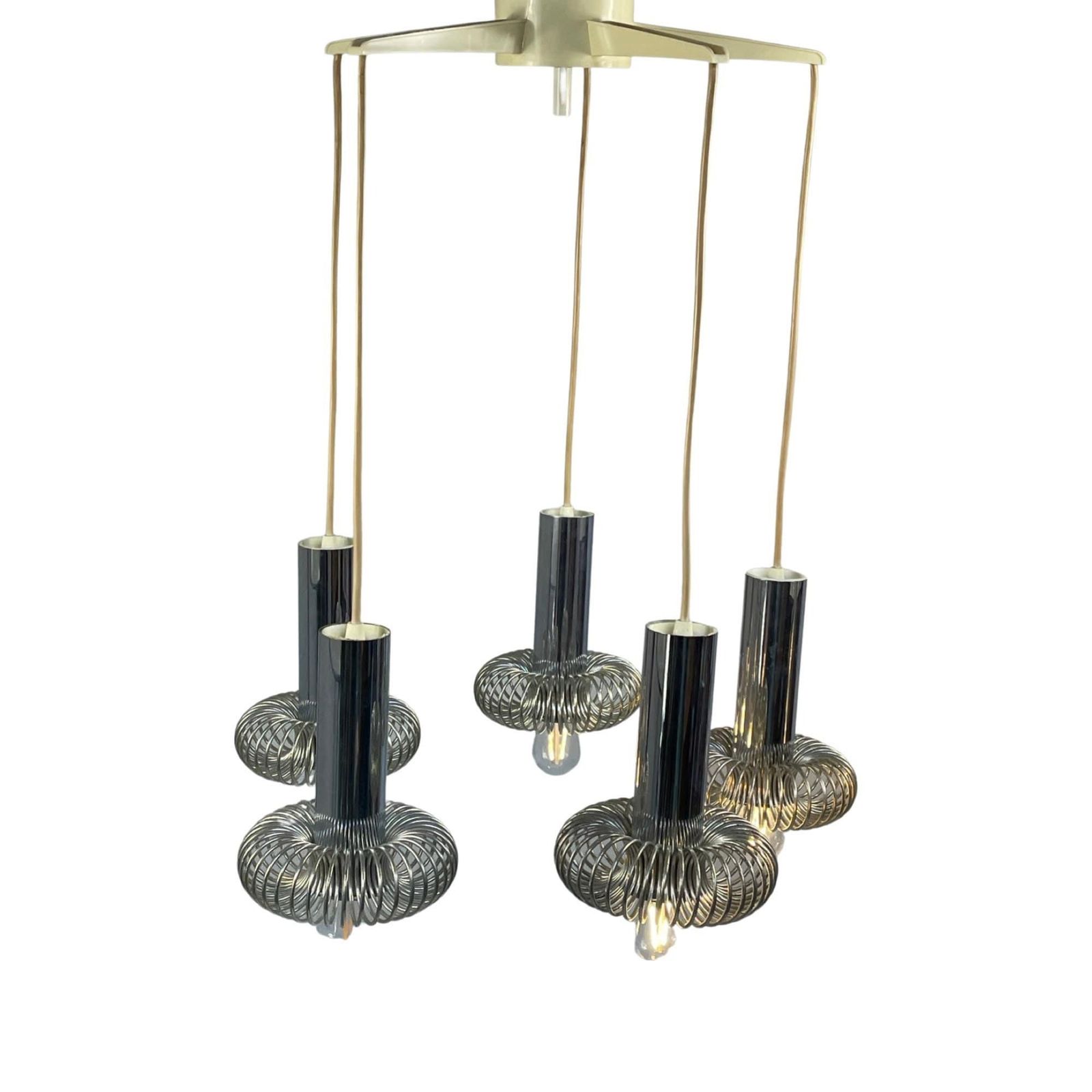 Honsel (Germany)   Chandelier With 5 Chromed Pendants   Including Ceiling Mount  Hanging Pendant   Seventies photo Lighting