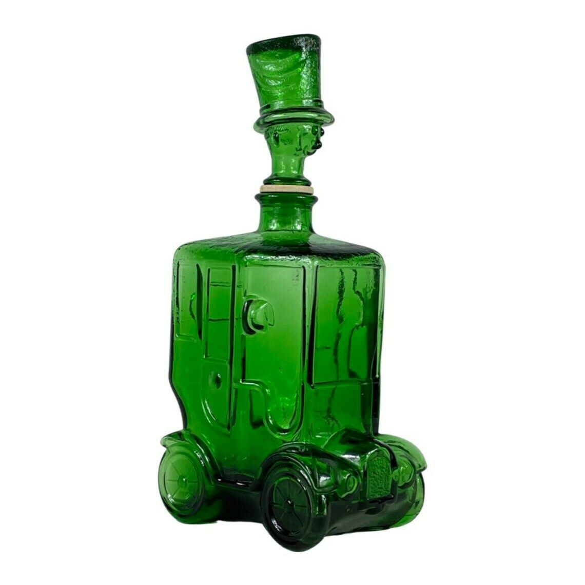 Empoli   Italy, 1960’s   Green Glass   Comical Car Decorative Bottle With Man In Hat As Top