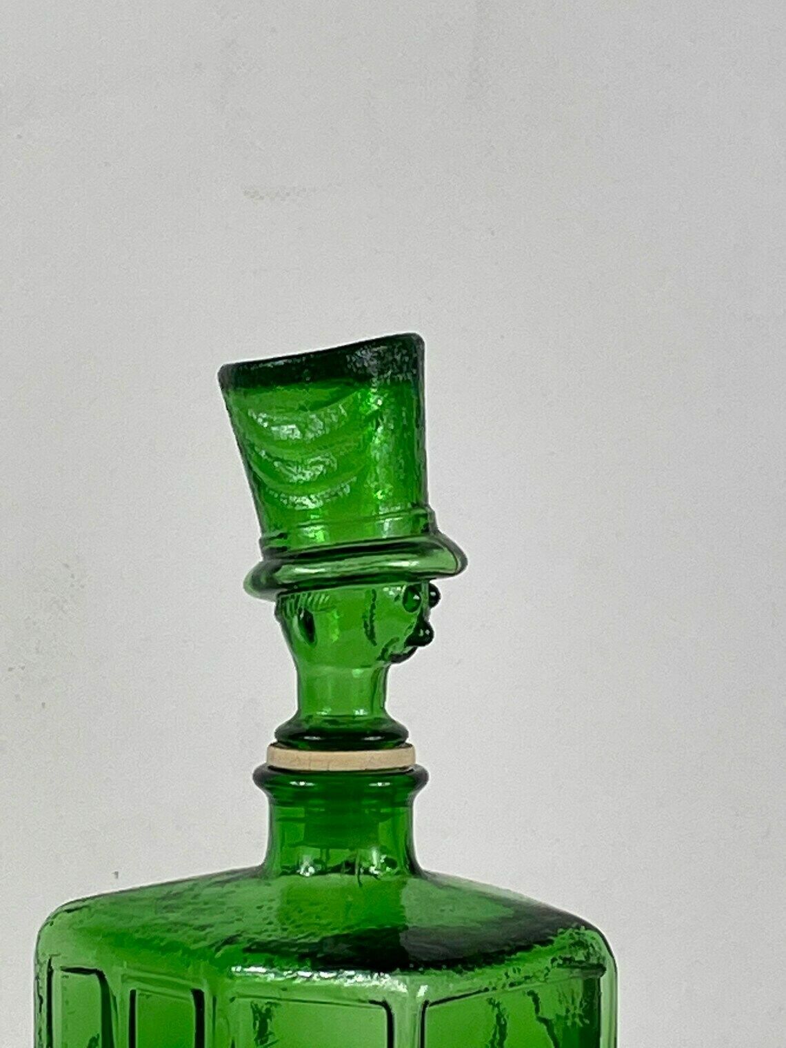Empoli   Italy, 1960’s   Green Glass   Comical Car Decorative Bottle With Man In Hat As Top photo vintage
