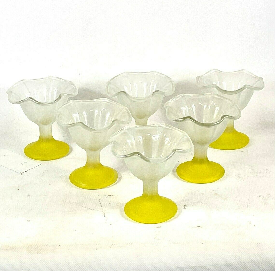 Set Of 6 Frosted Glass Ice Cream / Desert / Sundae Coupes   Floral Decor Made By Kig Indonesia   Art Deco Style