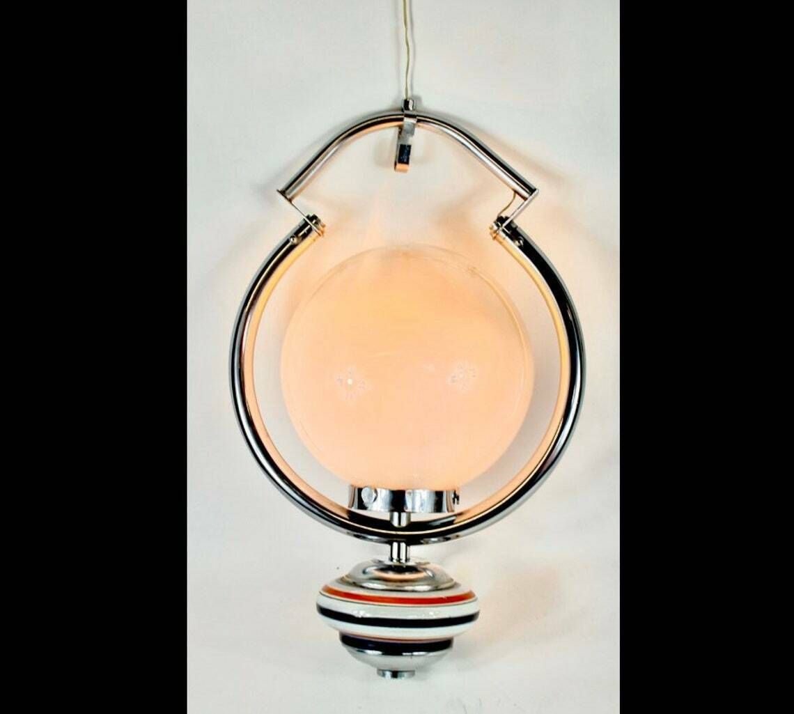 Vintage Opaline Hanglamp – Bol In Verchroomd Buisframe Met Keramische Voet