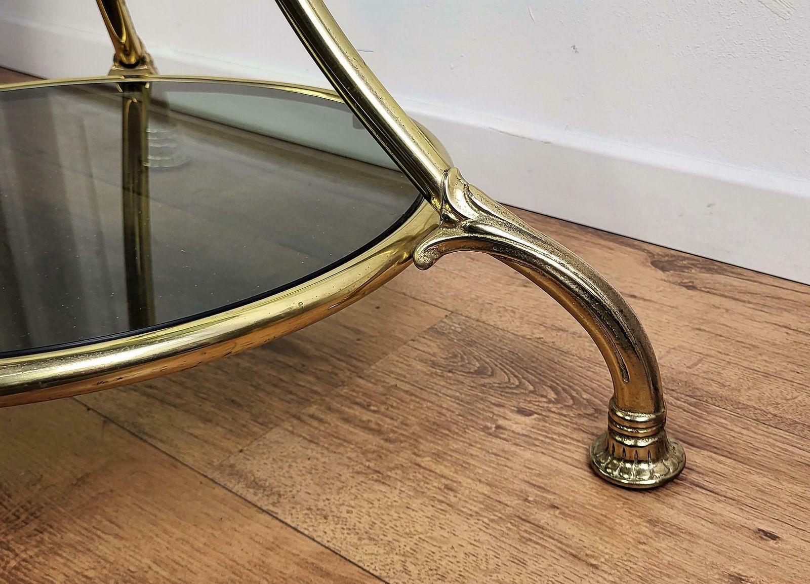 1960s Italian Modern Regency Neoclassical Brass Smoked Glass Gueridon Side Table photo buy