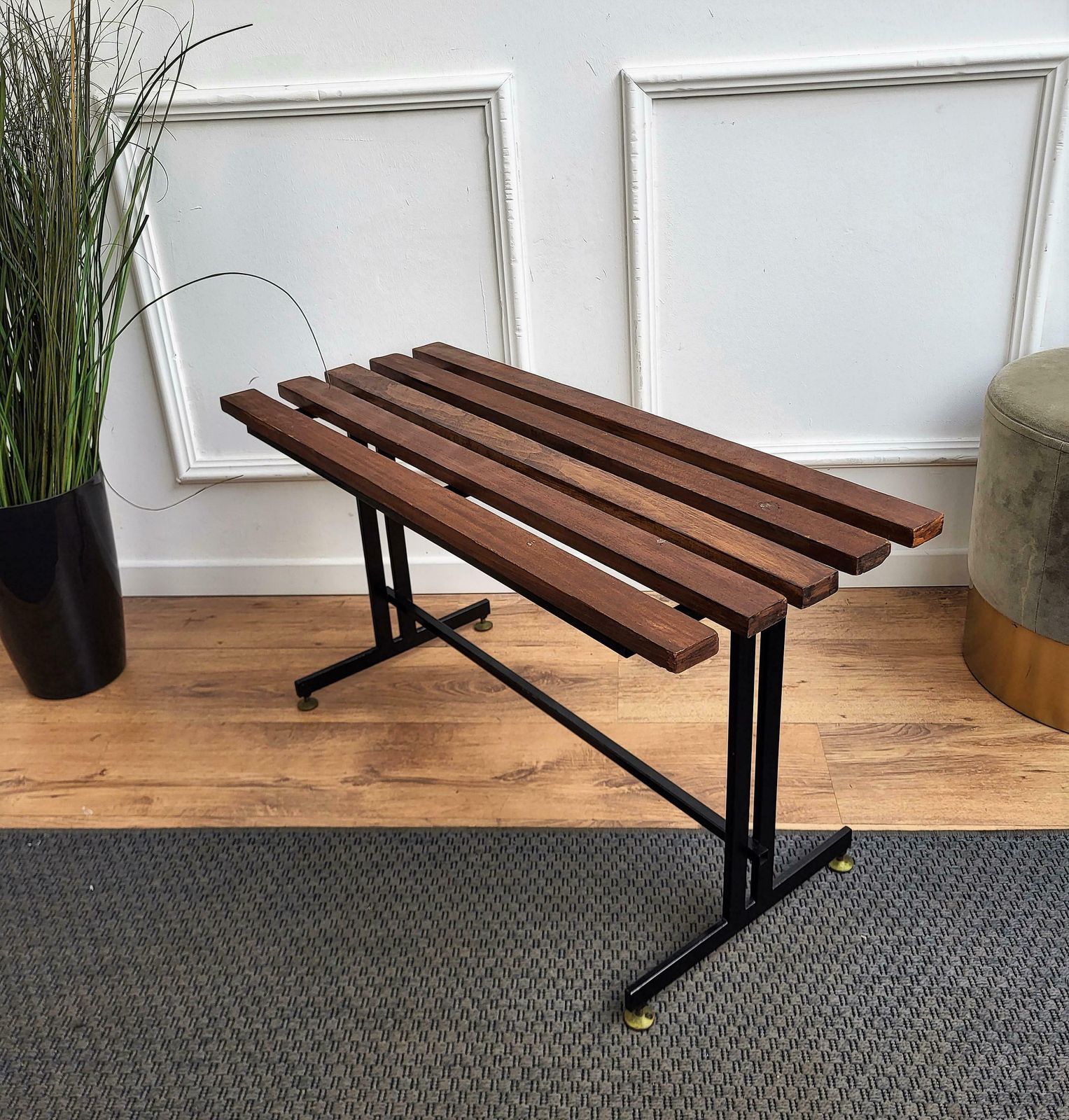Mid Century Modern Italian Metal Base Brass Feet Wooden Slat Bench photo 798.0