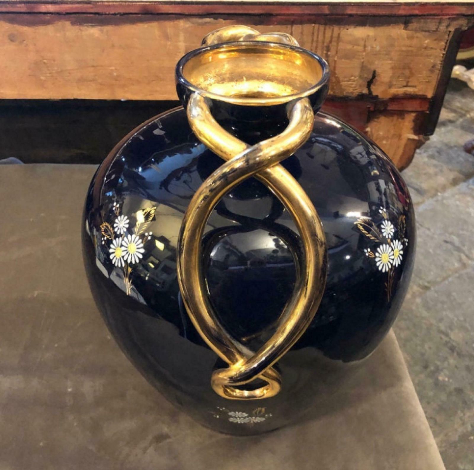 1950s Huge Mid Century Modern Blue And Gold Ceramic Italian Vase photo 389.0