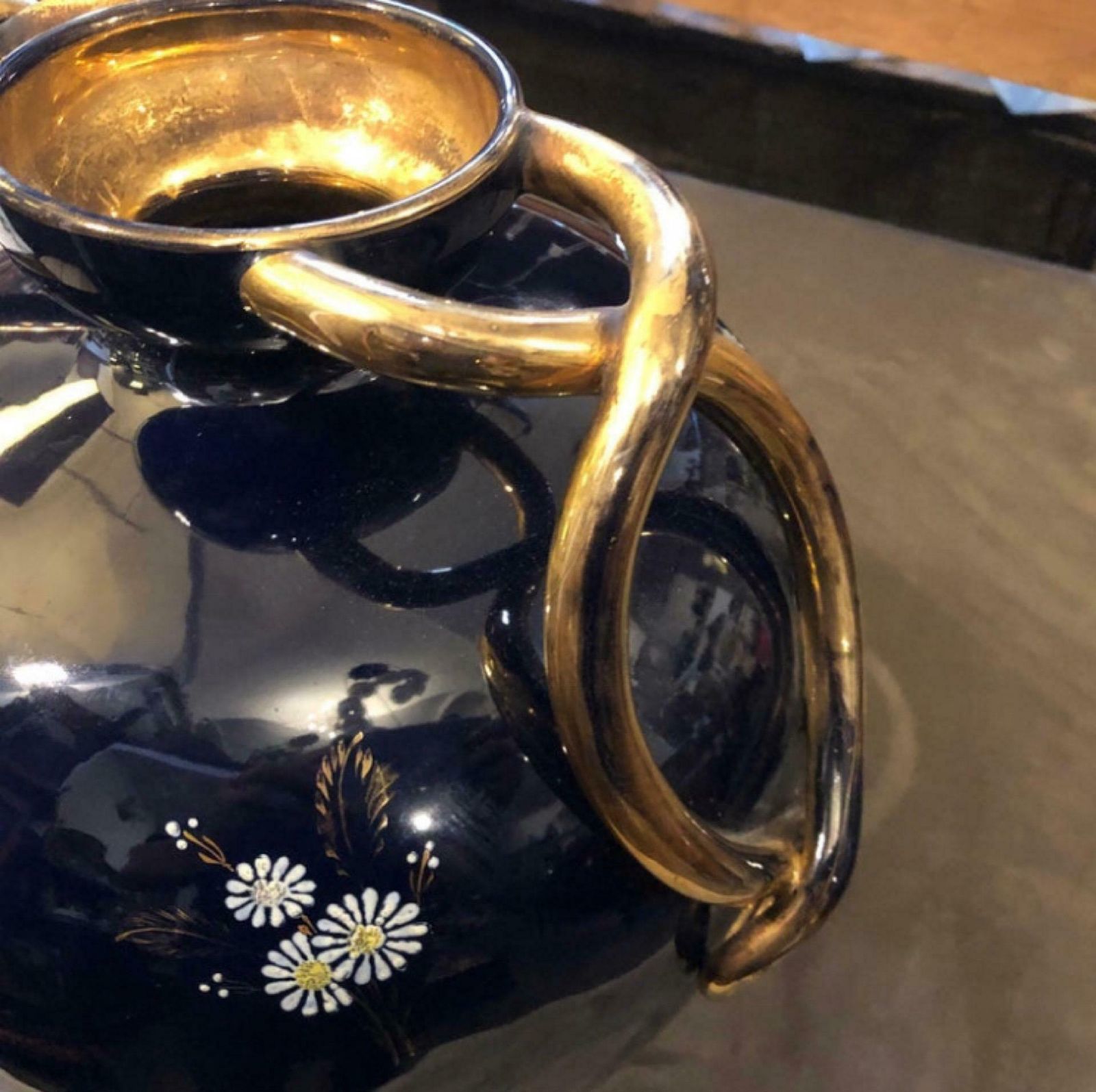 1950s Huge Mid Century Modern Blue And Gold Ceramic Italian Vase photo vintage