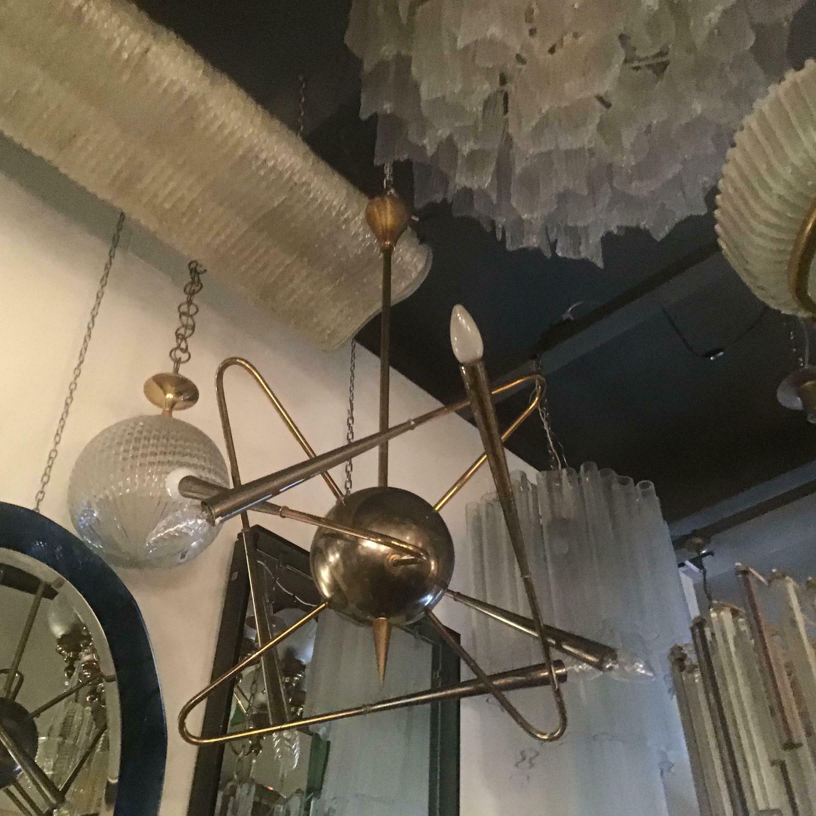 photo vintage Stilnovo “ Cosmo “ Chandelier Metal Crome Brass 1950 Italy