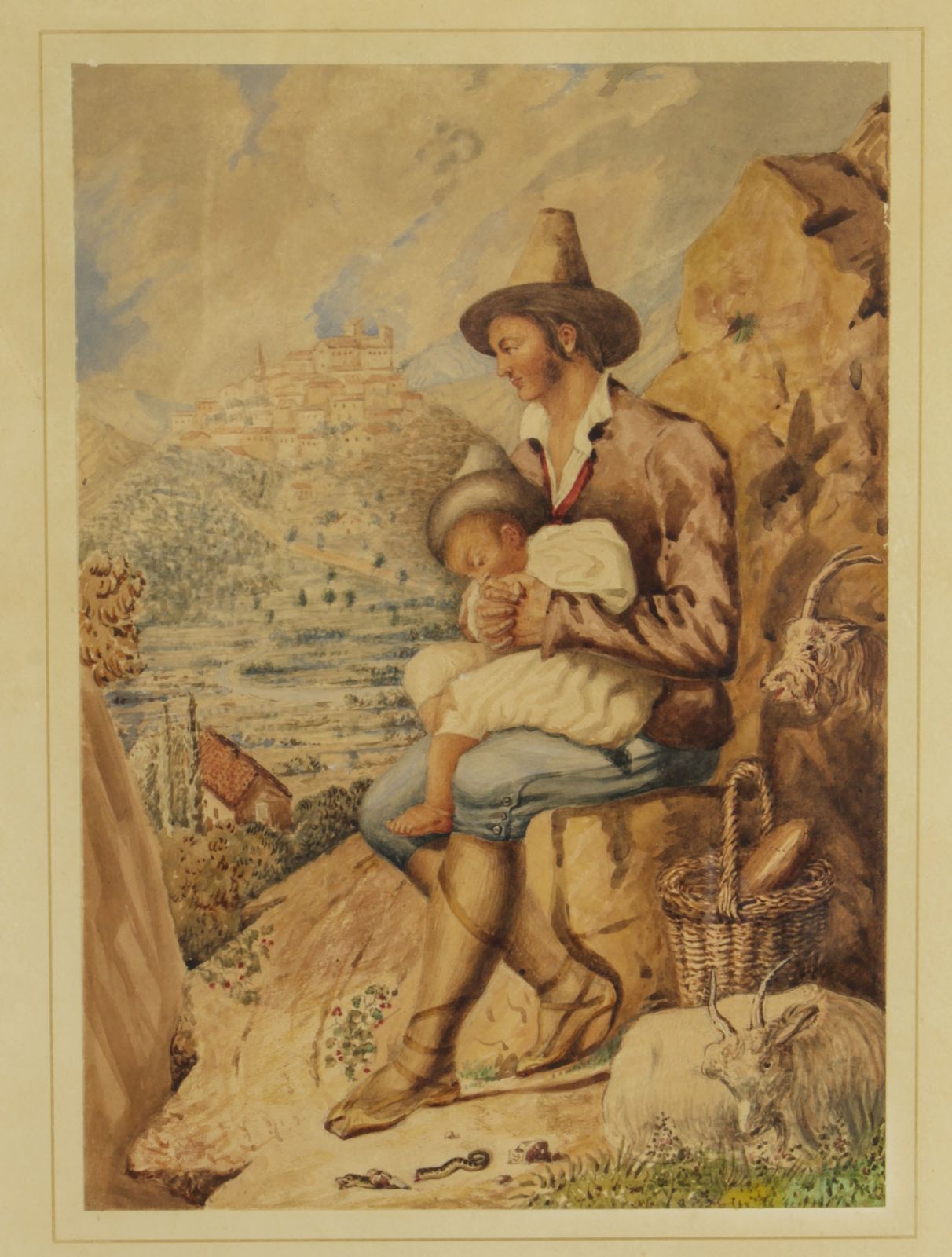 Antique Italian Water Colour Titled "Contadino Di Sabina" 19th C photo for sale