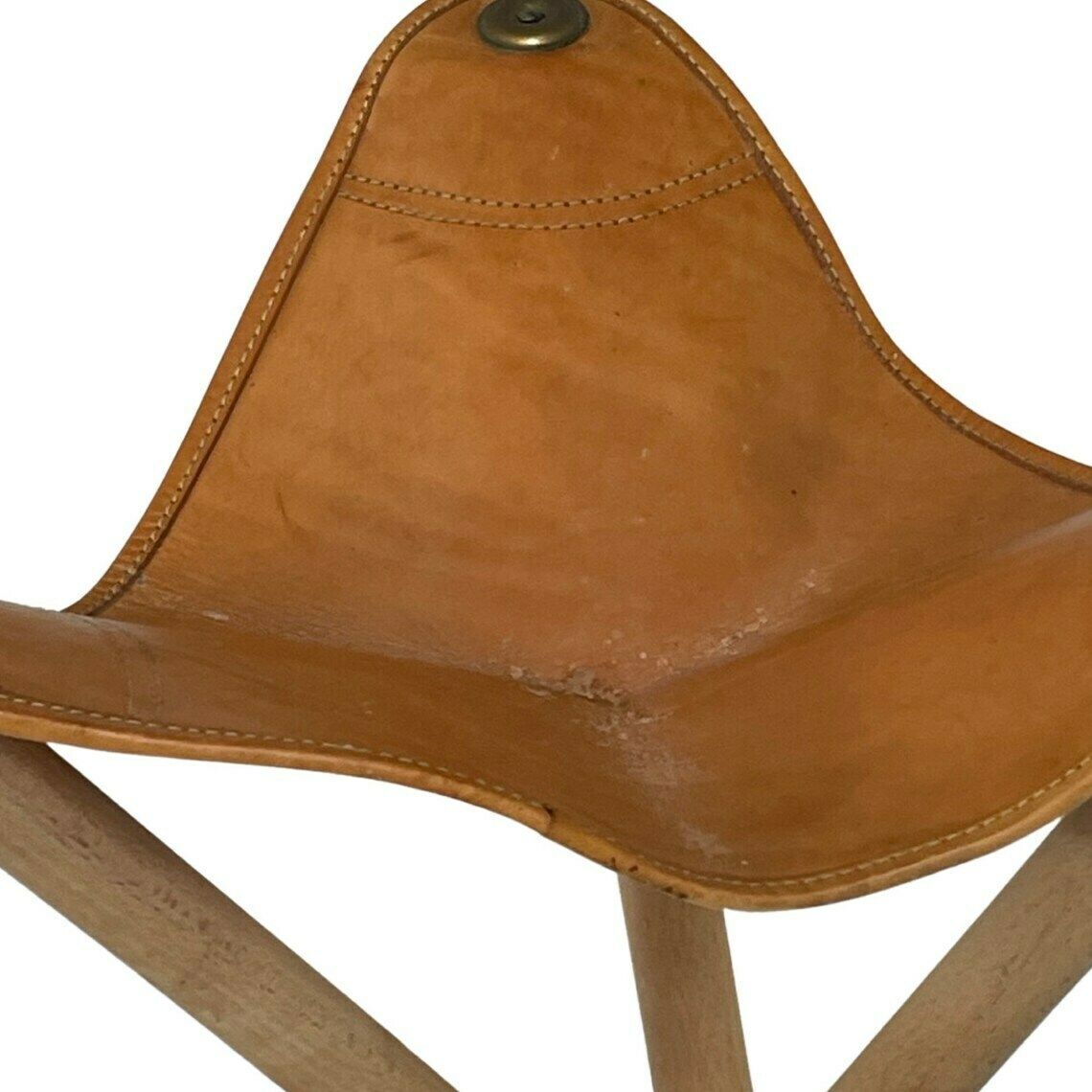 Jachtstoel   Opvouwbaar Driepootskrukje   Hout En Leren Bekleding   Military Campaign Stijl   Lichtbruin photo furniture
