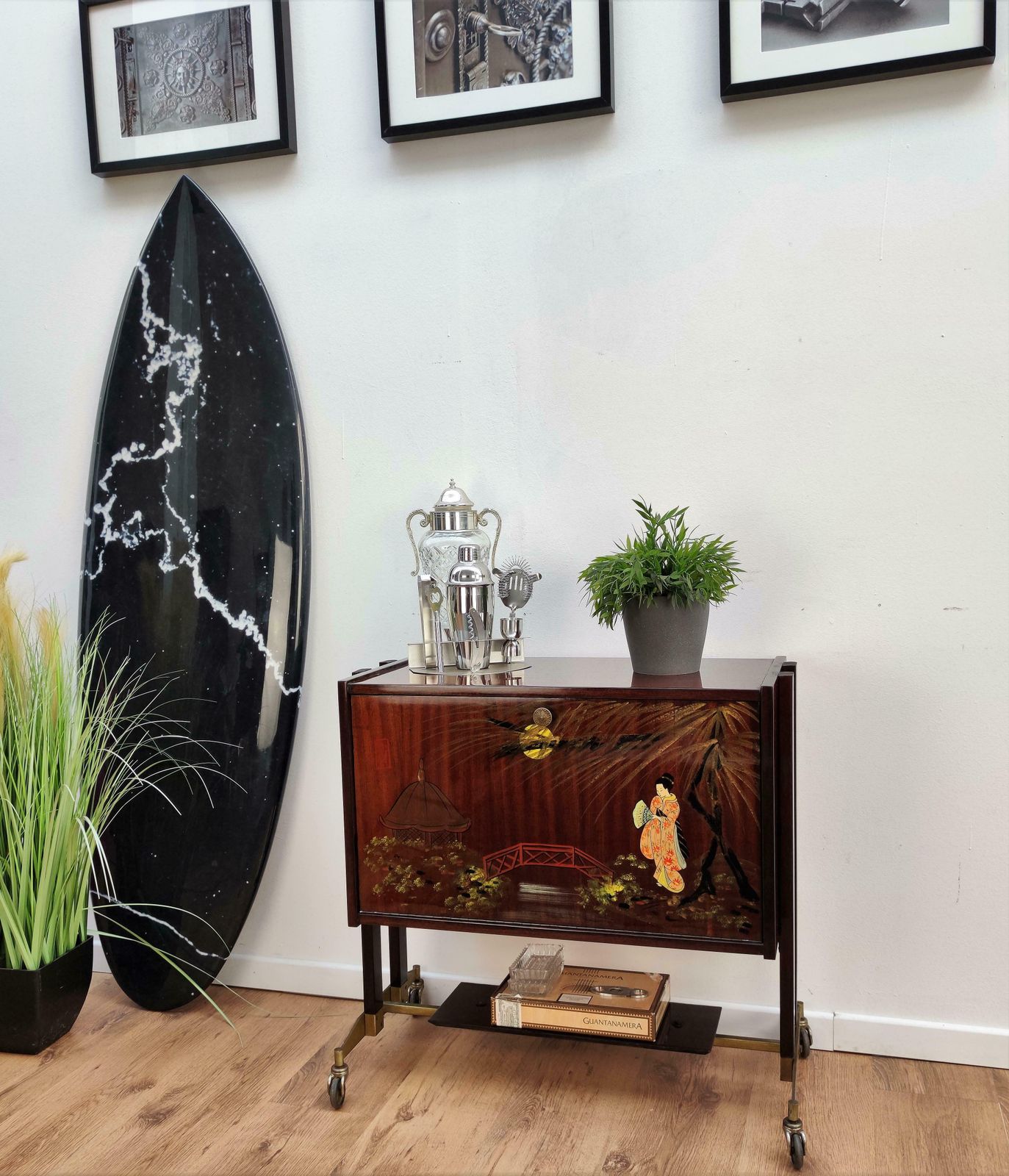 1950s Midcentury Regency Italian Wood, Brass And Mirror Dry Bar Cabinet Cart photo Furniture