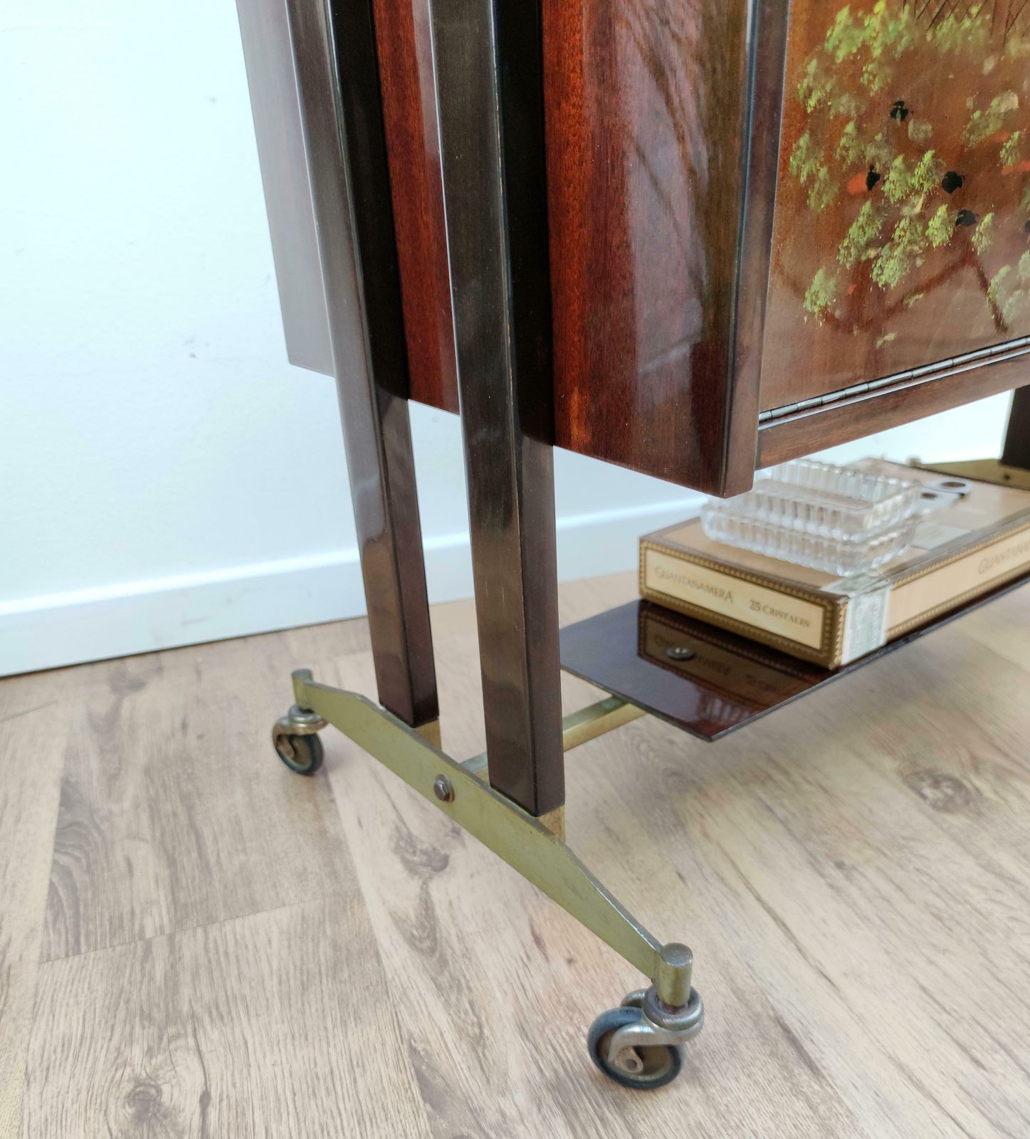 1950s Midcentury Regency Italian Wood, Brass And Mirror Dry Bar Cabinet Cart photo buy
