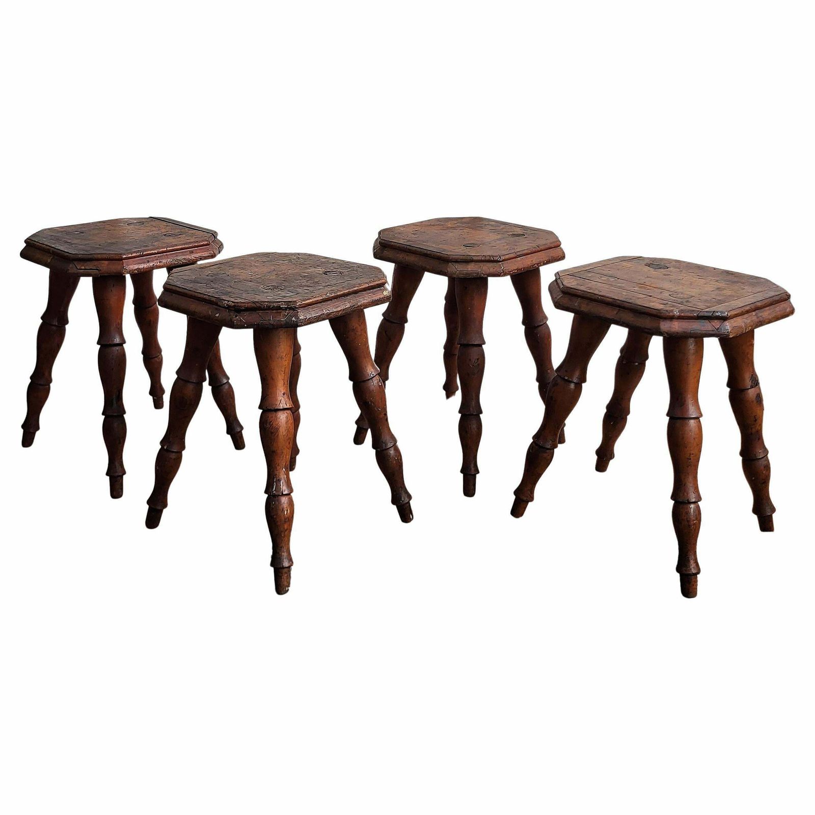 Set Of 4 Antique Italian Walnut Side Tables Or Stools With Carved Turned Legs