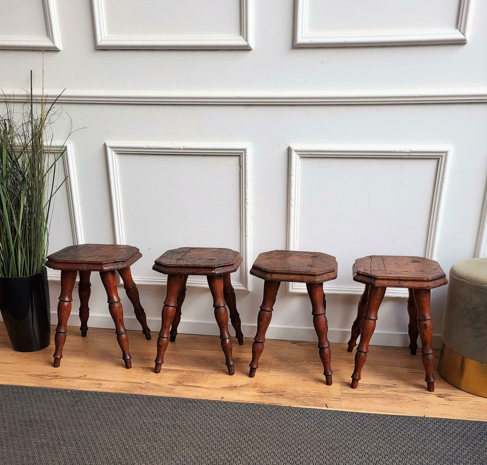 Set Of 4 Antique Italian Walnut Side Tables Or Stools With Carved Turned Legs photo furniture