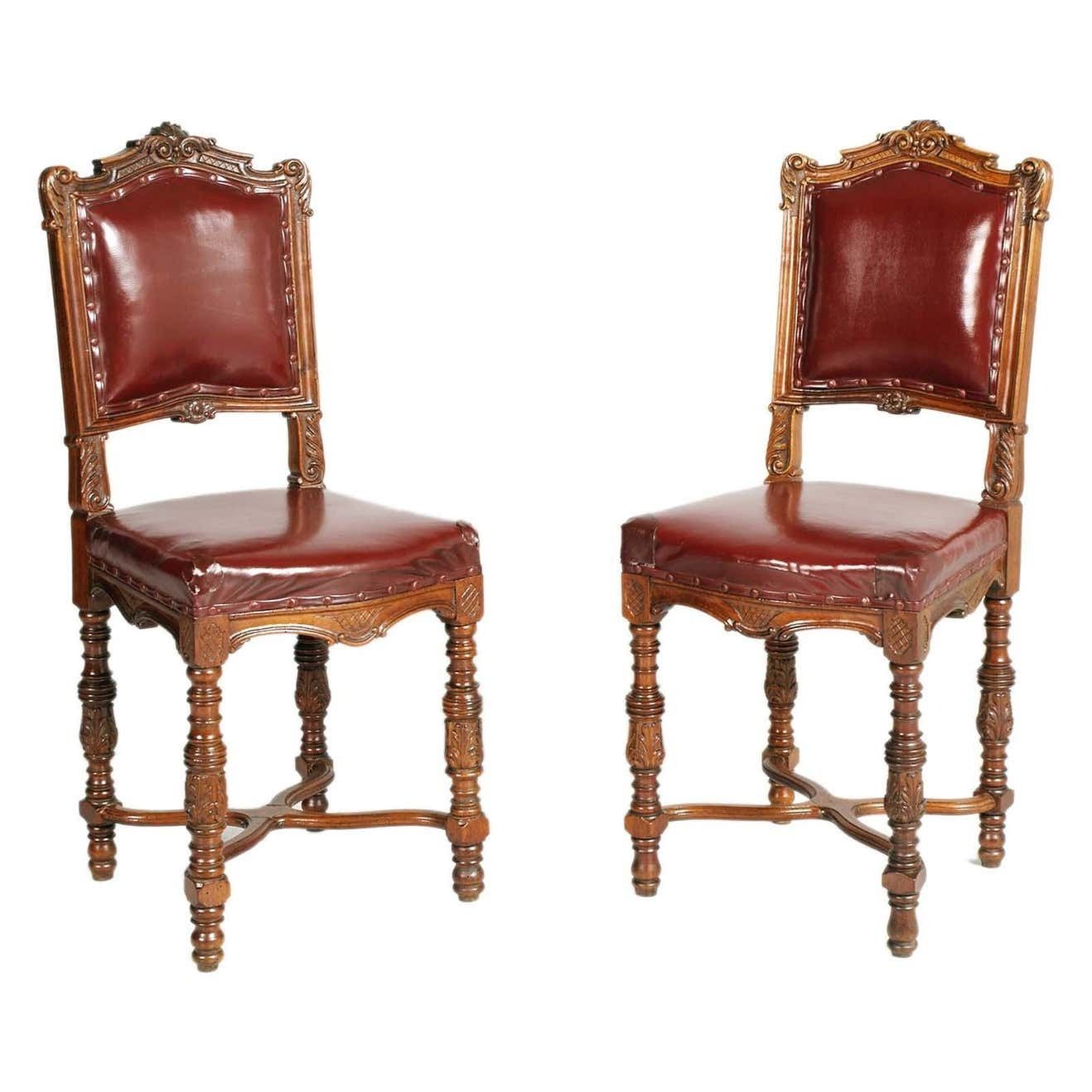 1880s Italian Chairs Neoclassic Eclectic Hand Carved Walnut Leather Upholstered photo furniture