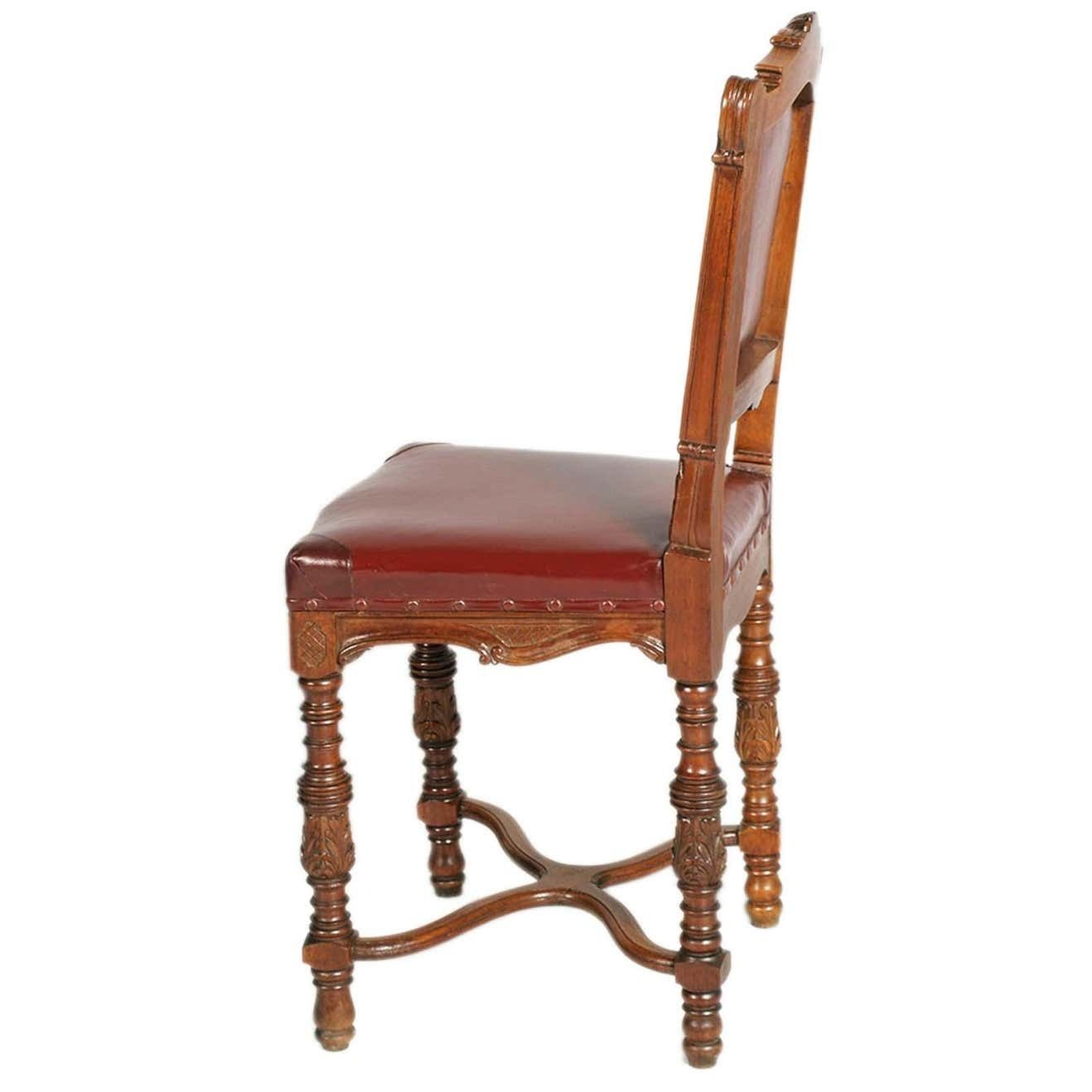 1880s Italian Chairs Neoclassic Eclectic Hand Carved Walnut Leather Upholstered photo Furniture