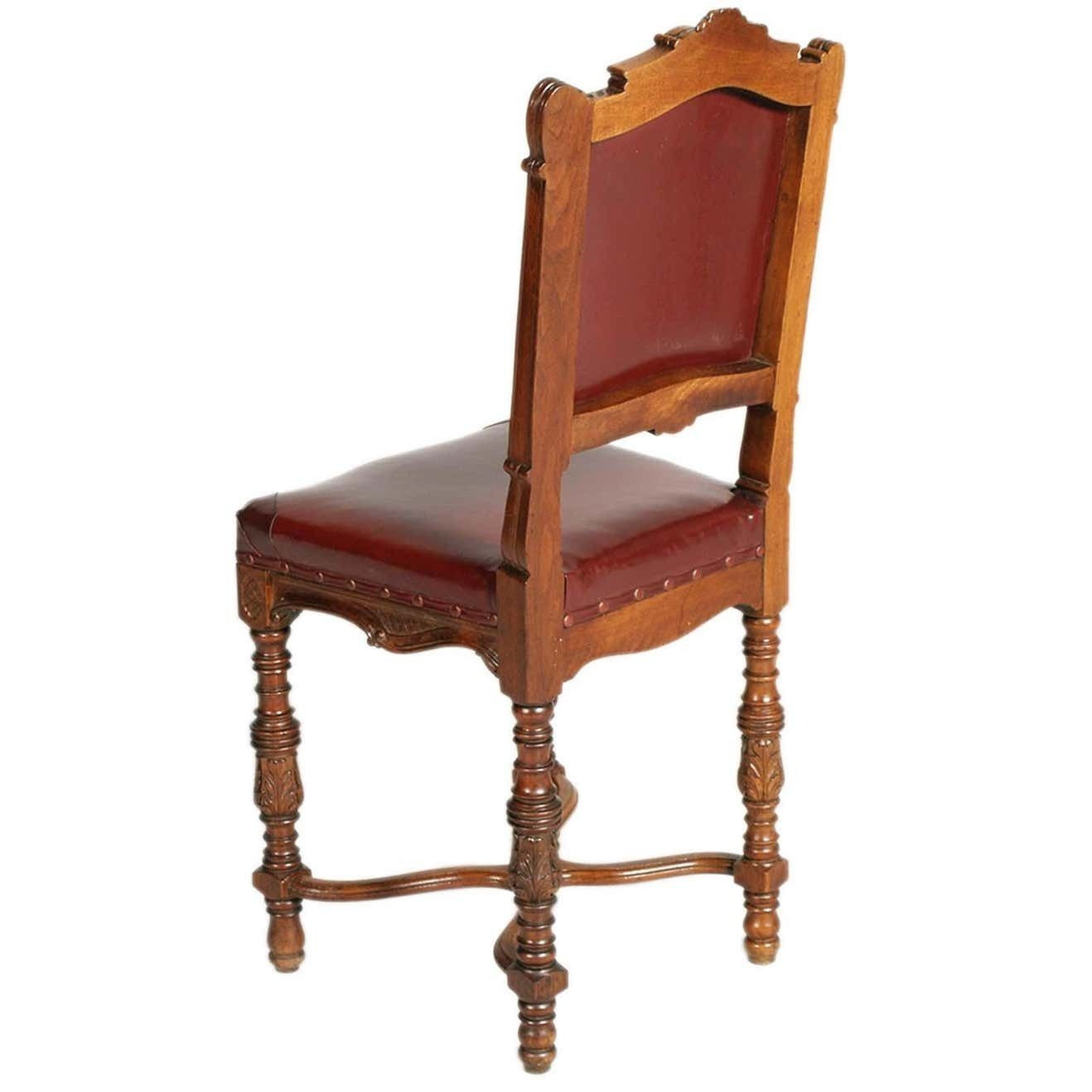 1880s Italian Chairs Neoclassic Eclectic Hand Carved Walnut Leather Upholstered photo 13201.04
